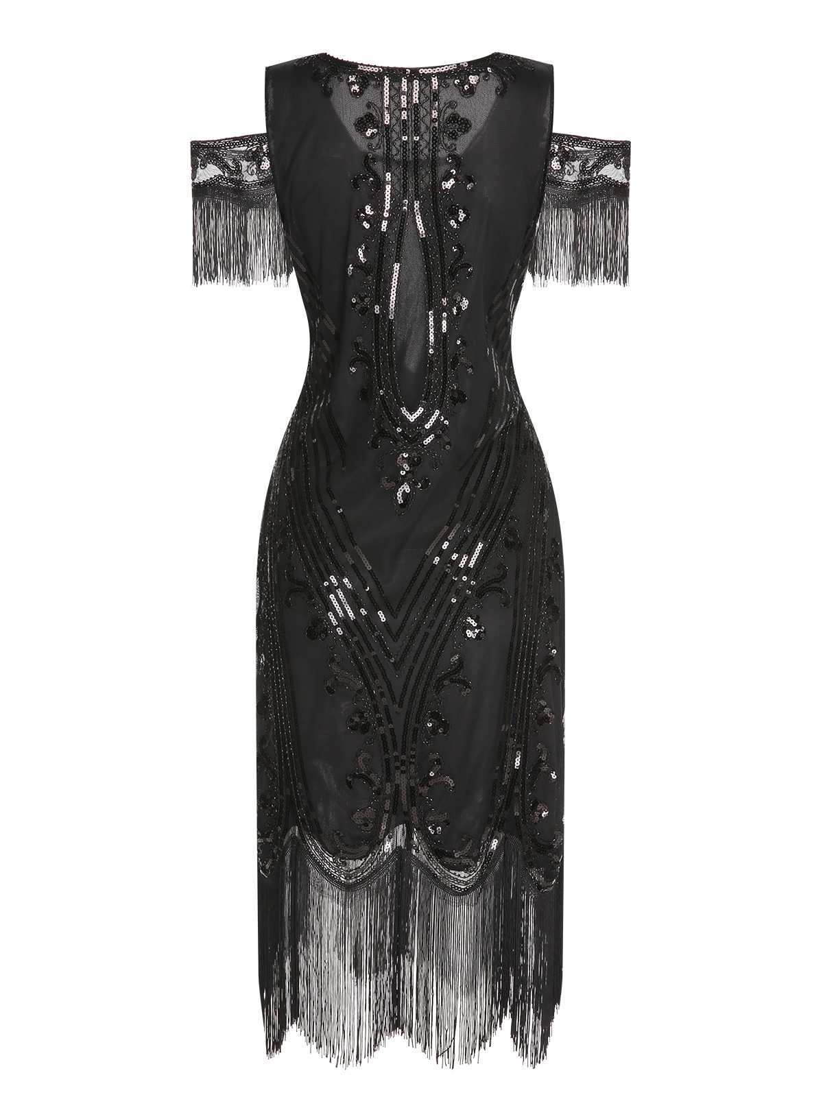 1920s Cold Shoulder Embroidered Fringe Sequins Dress - Image 3