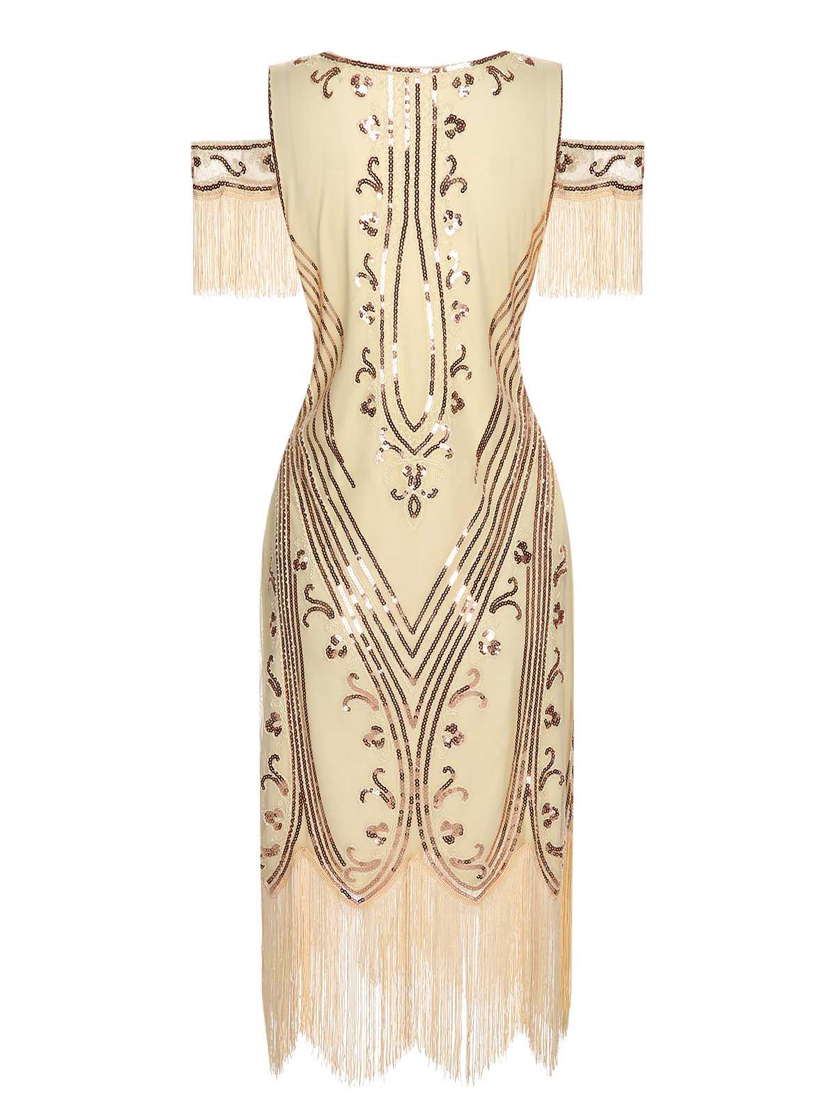 1920s Cold Shoulder Embroidered Fringe Sequins Dress - Image 3