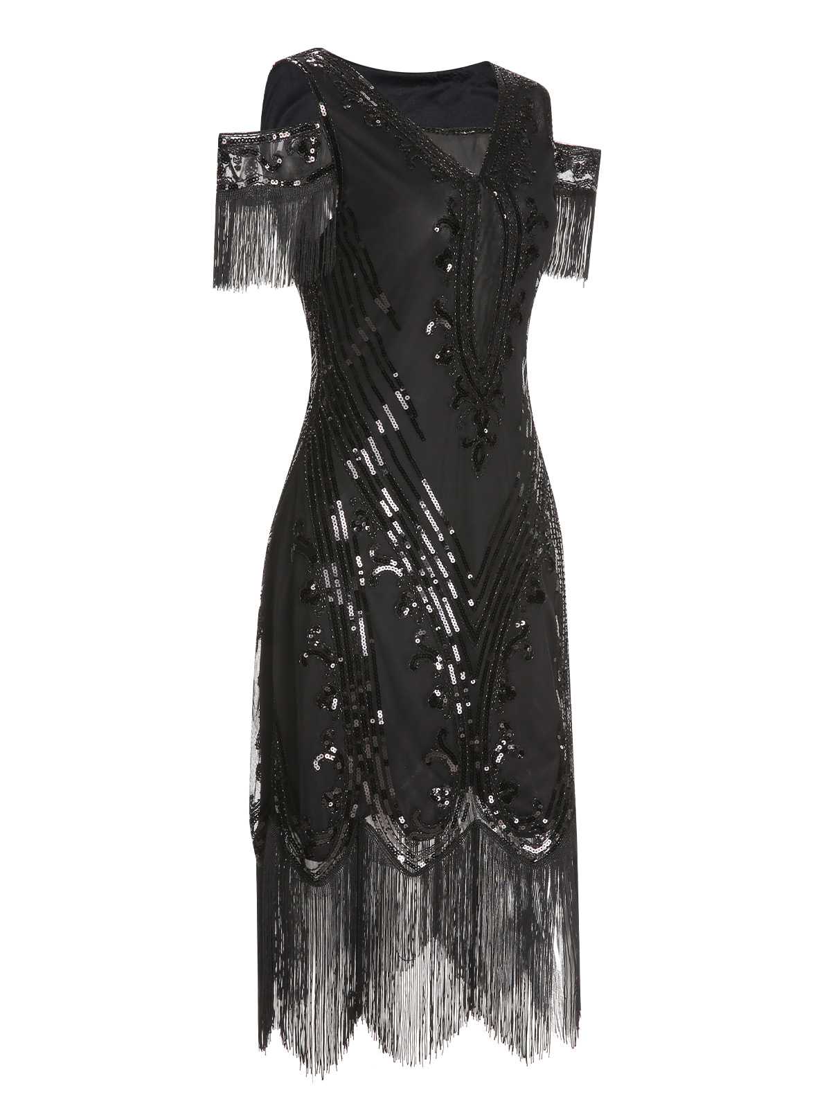 1920s Cold Shoulder Embroidered Fringe Sequins Dress - Image 6