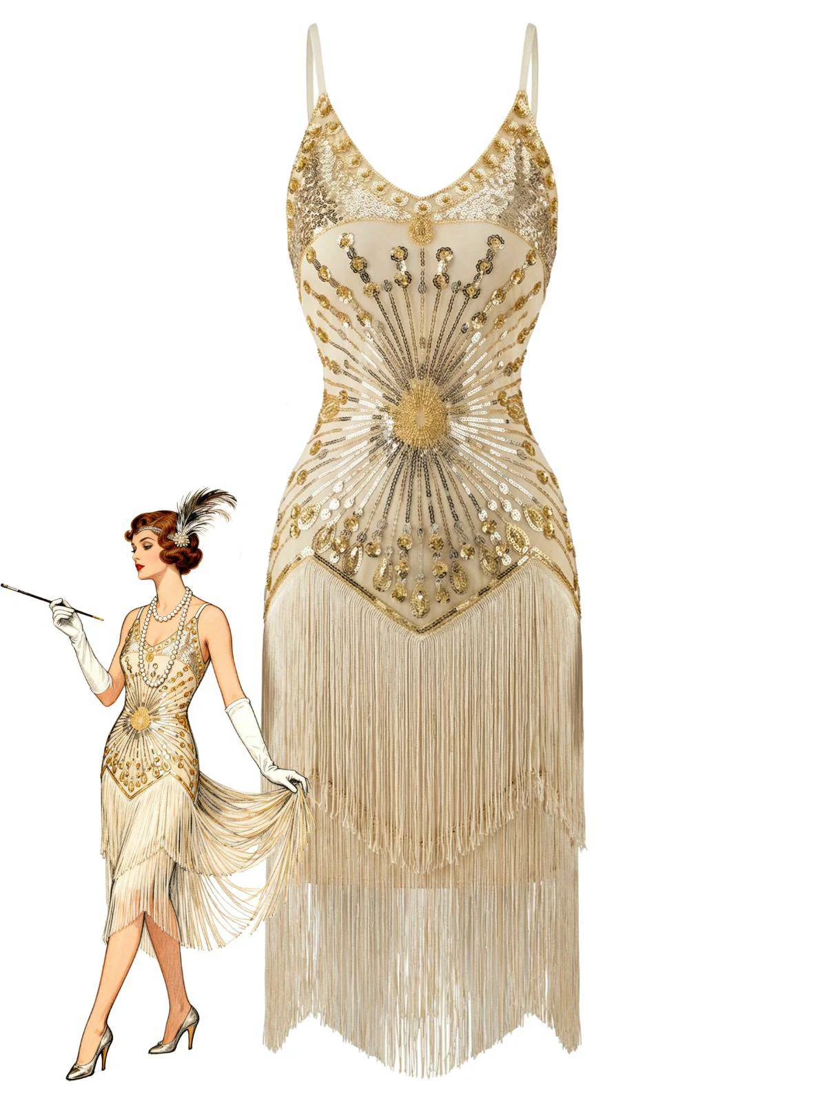 1920s Sequin Fringe Spaghetti Strap Flapper Dress