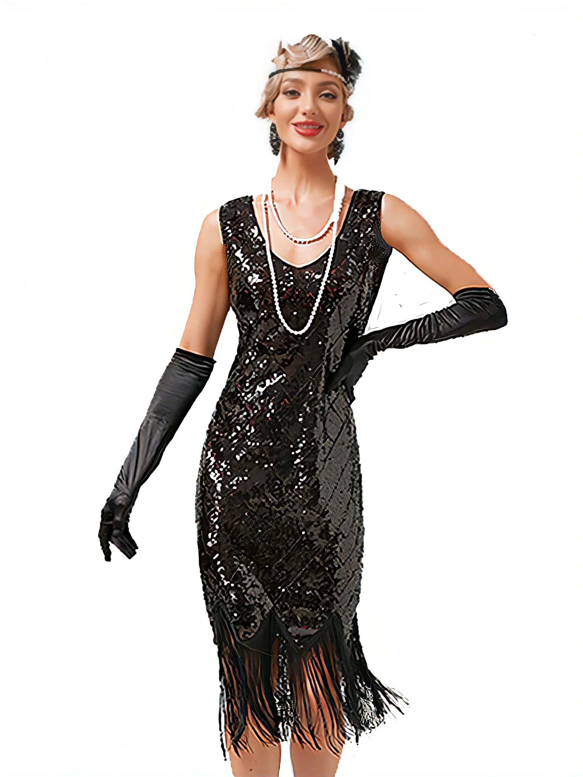 1920s V-Neck Sequined Fringe Evening Dress
