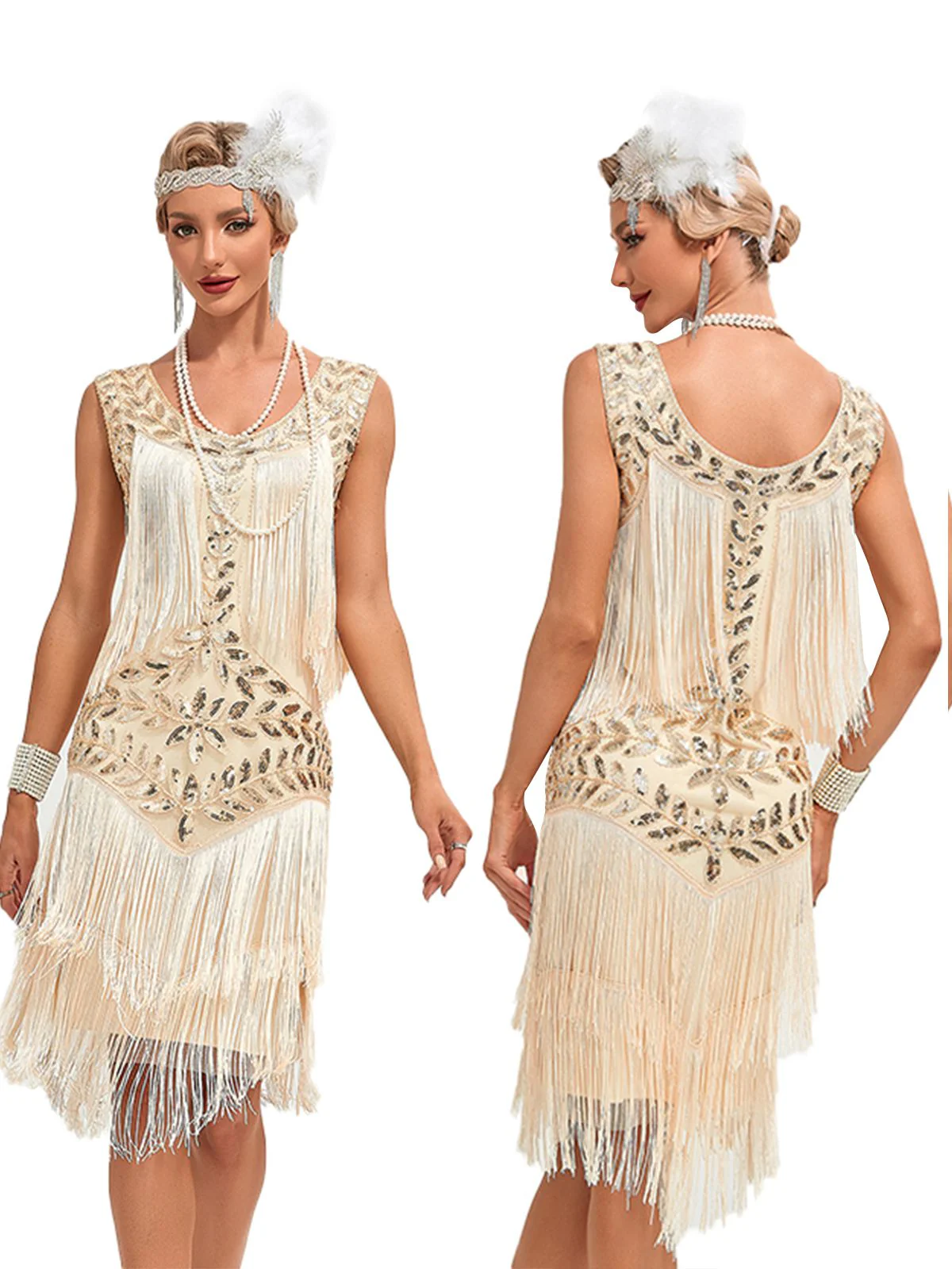 1920s V-Neck Sequined Mesh Mermaid Dress - Image 2