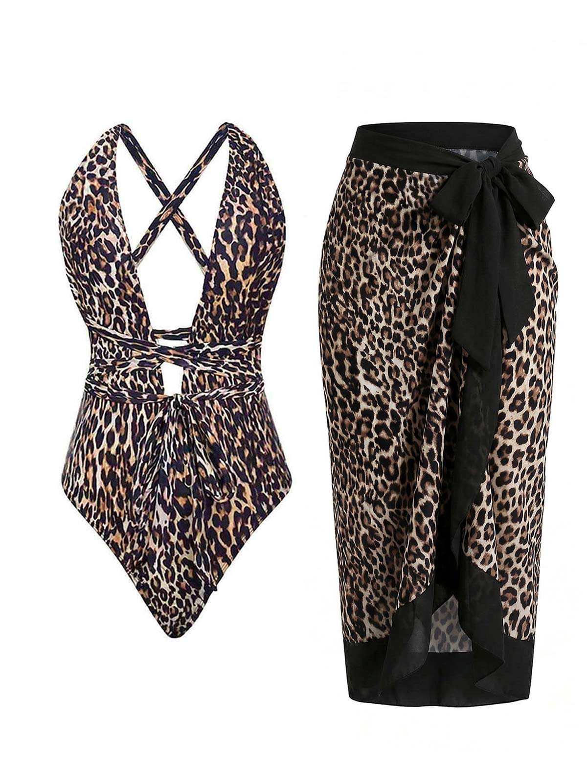 1930s Deep V-Neck Criss-Cross Halter Leopard Swimsuit & Cover-up