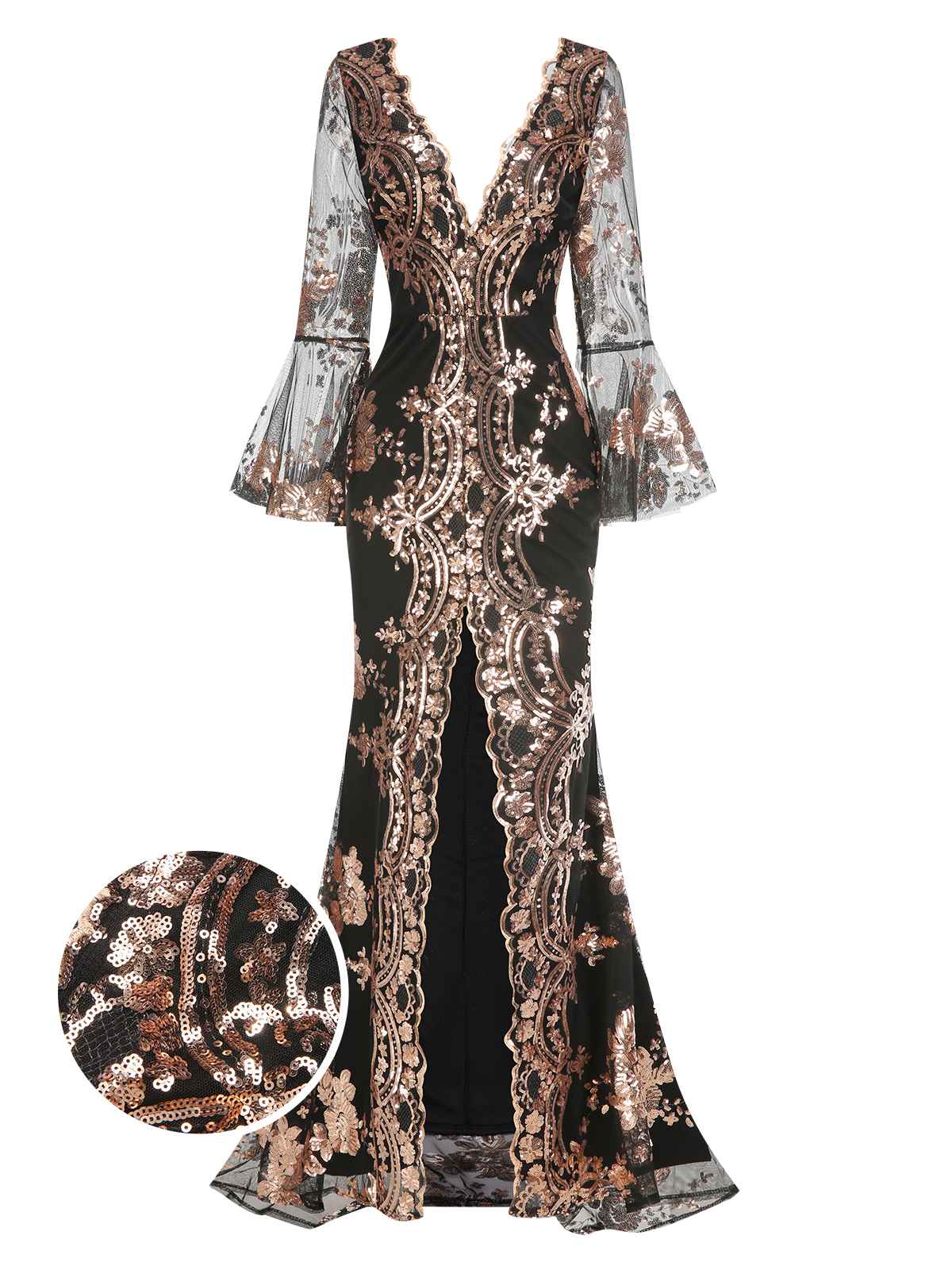 1930s Deep V-Neck Mesh Sequined Maxi Dress - Image 12