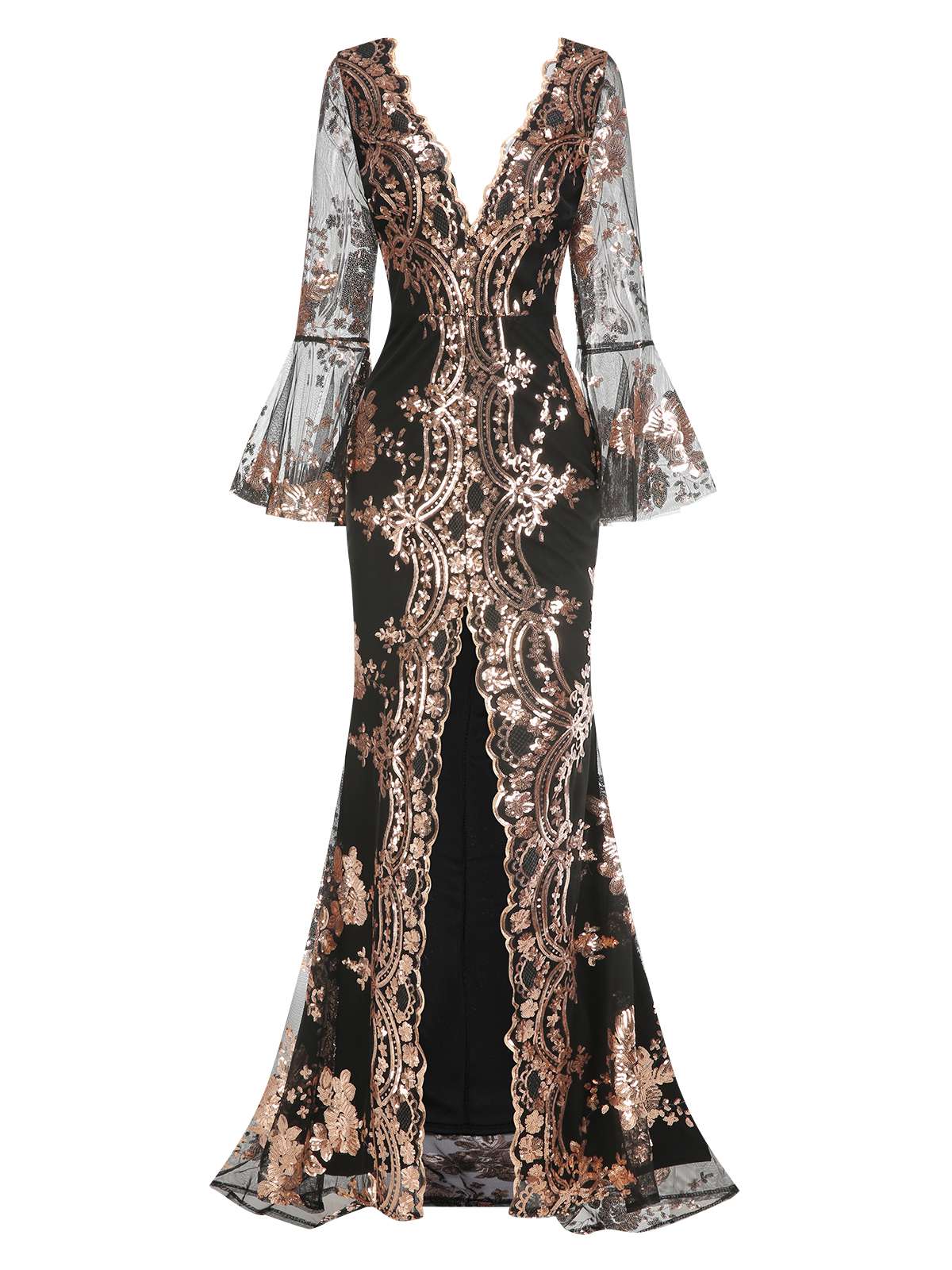 1930s Deep V-Neck Mesh Sequined Maxi Dress - Image 13