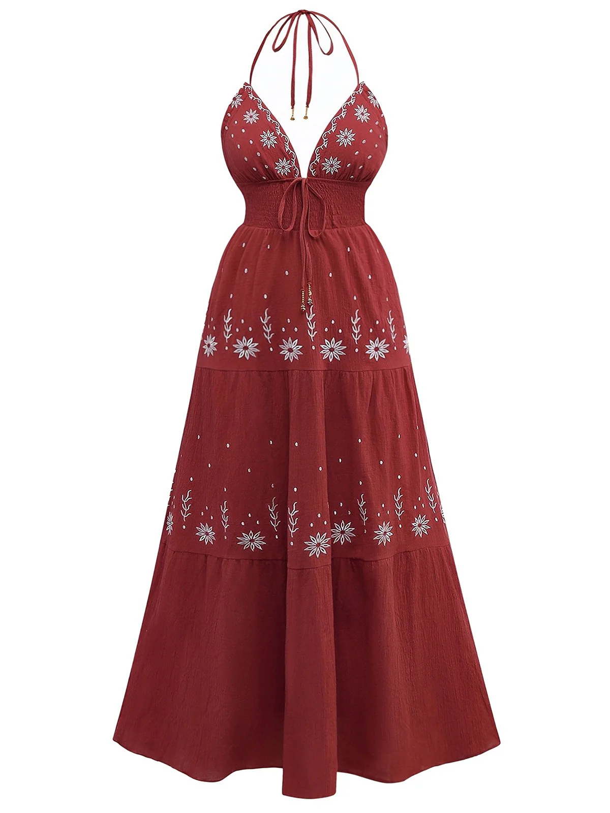 1930s Embroidered Floral Deep V-Neck Textured Dress