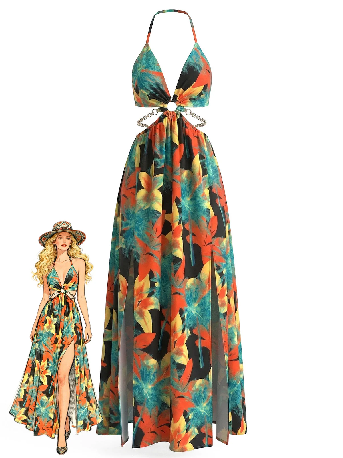 1930s Floral Halter Backless Slit Maxi Dress