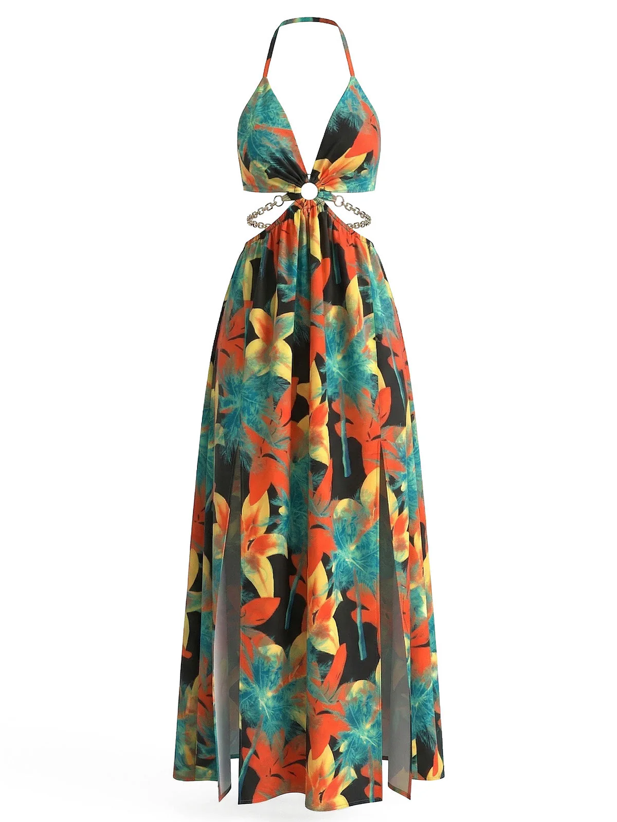 1930s Floral Halter Backless Slit Maxi Dress - Image 2