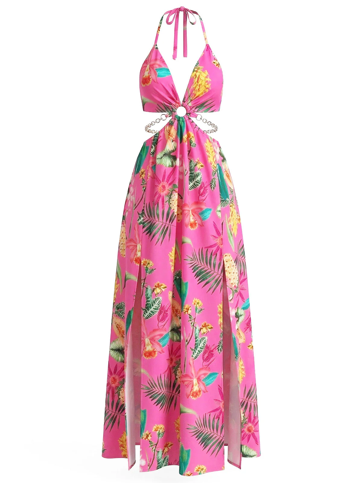 1930s Floral Halter Backless Slit Maxi Dress - Image 3