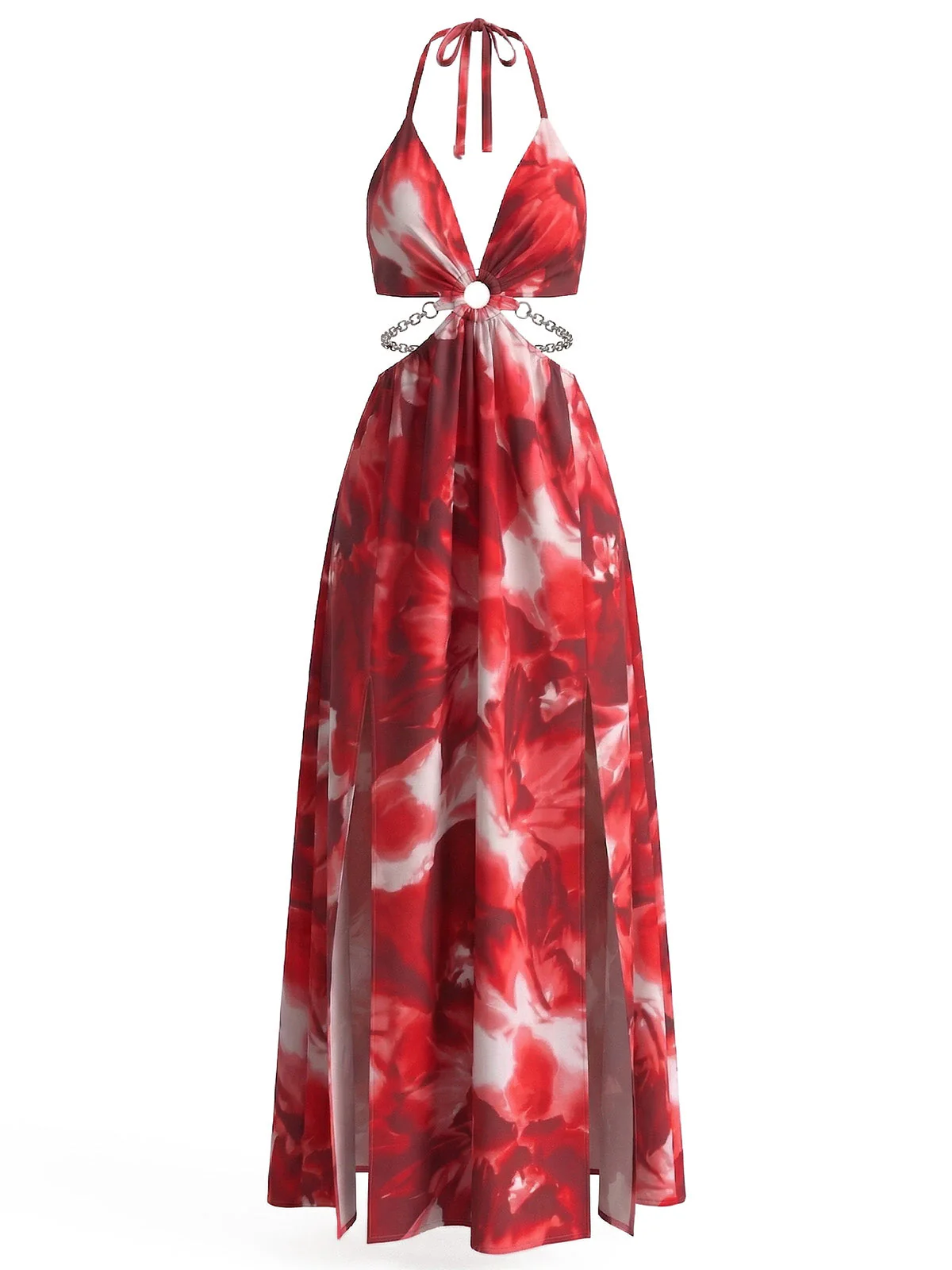 1930s Floral Halter Backless Slit Maxi Dress - Image 4