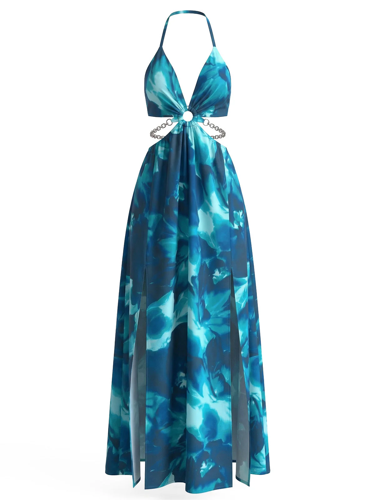 1930s Floral Halter Backless Slit Maxi Dress - Image 5