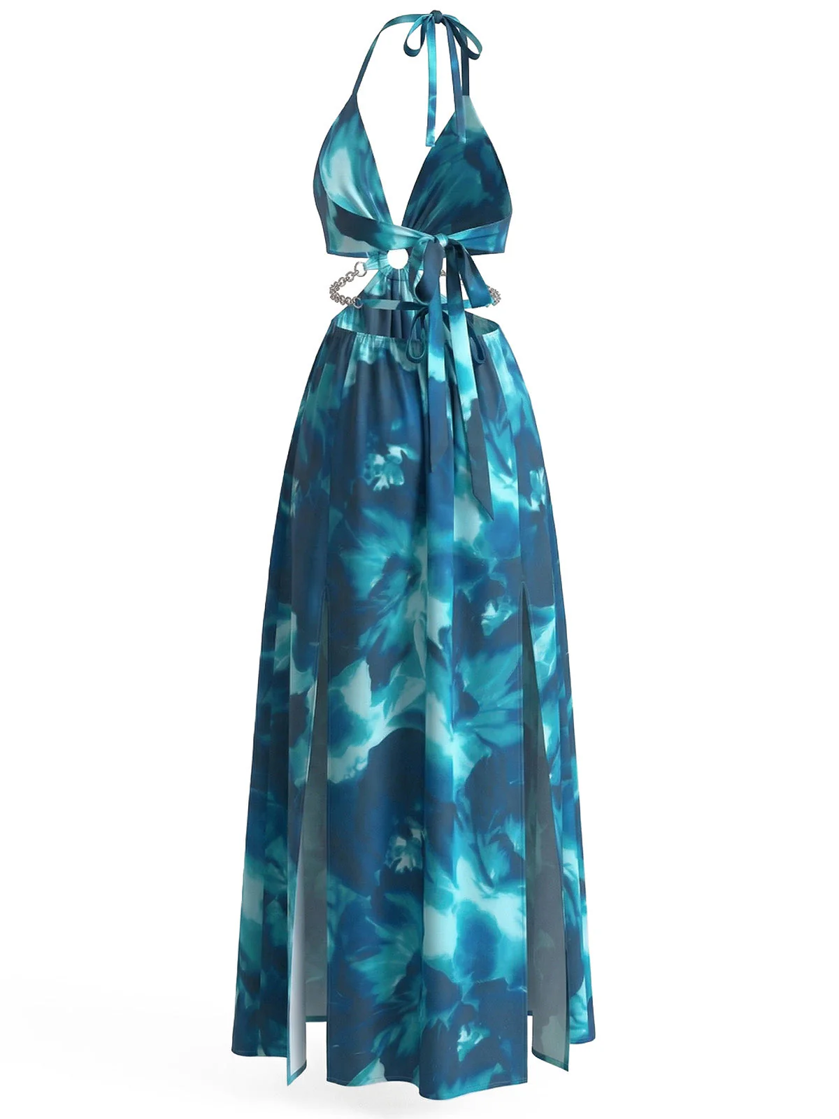 1930s Floral Halter Backless Slit Maxi Dress - Image 6