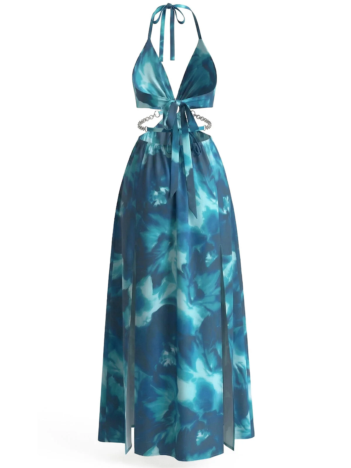 1930s Floral Halter Backless Slit Maxi Dress - Image 7