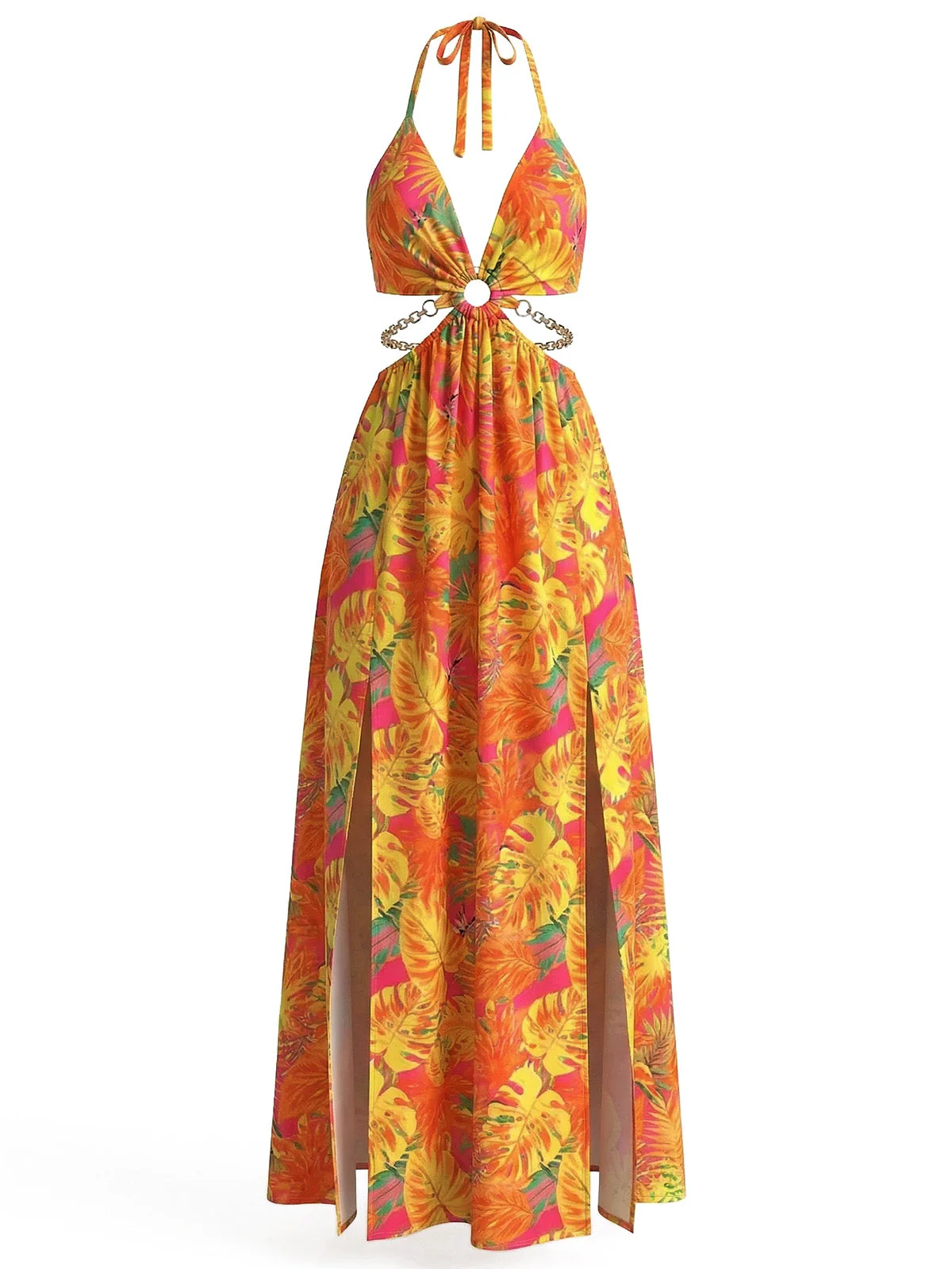 1930s Floral Halter Backless Slit Maxi Dress - Image 8