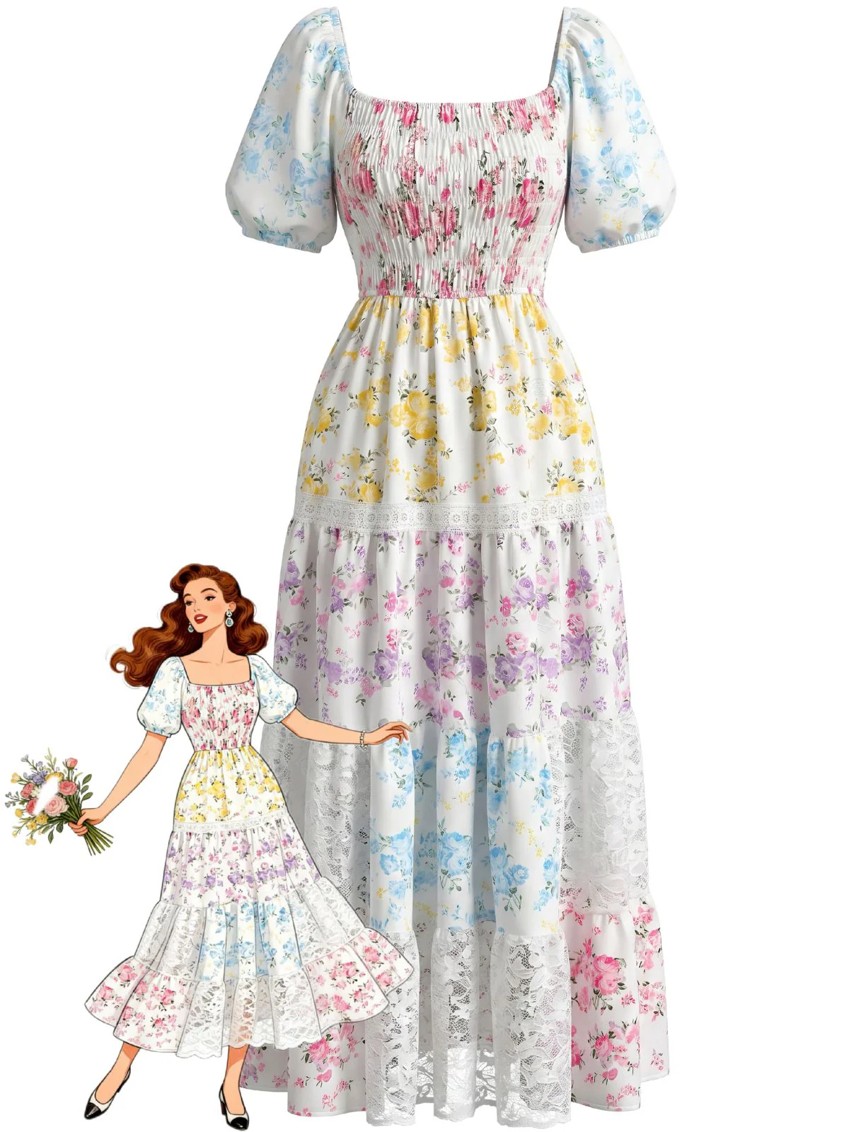 1930s Floral Lace Pleated Patchwork Maxi Dress
