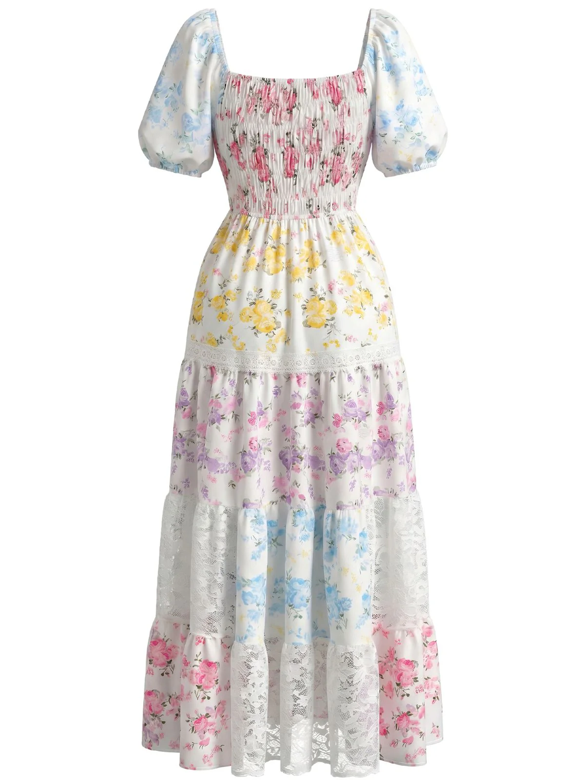 1930s Floral Lace Pleated Patchwork Maxi Dress - Image 3