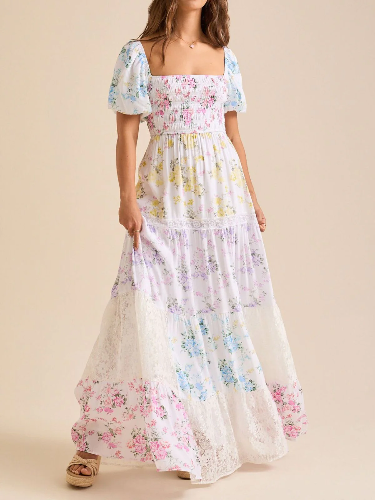 1930s Floral Lace Pleated Patchwork Maxi Dress - Image 5