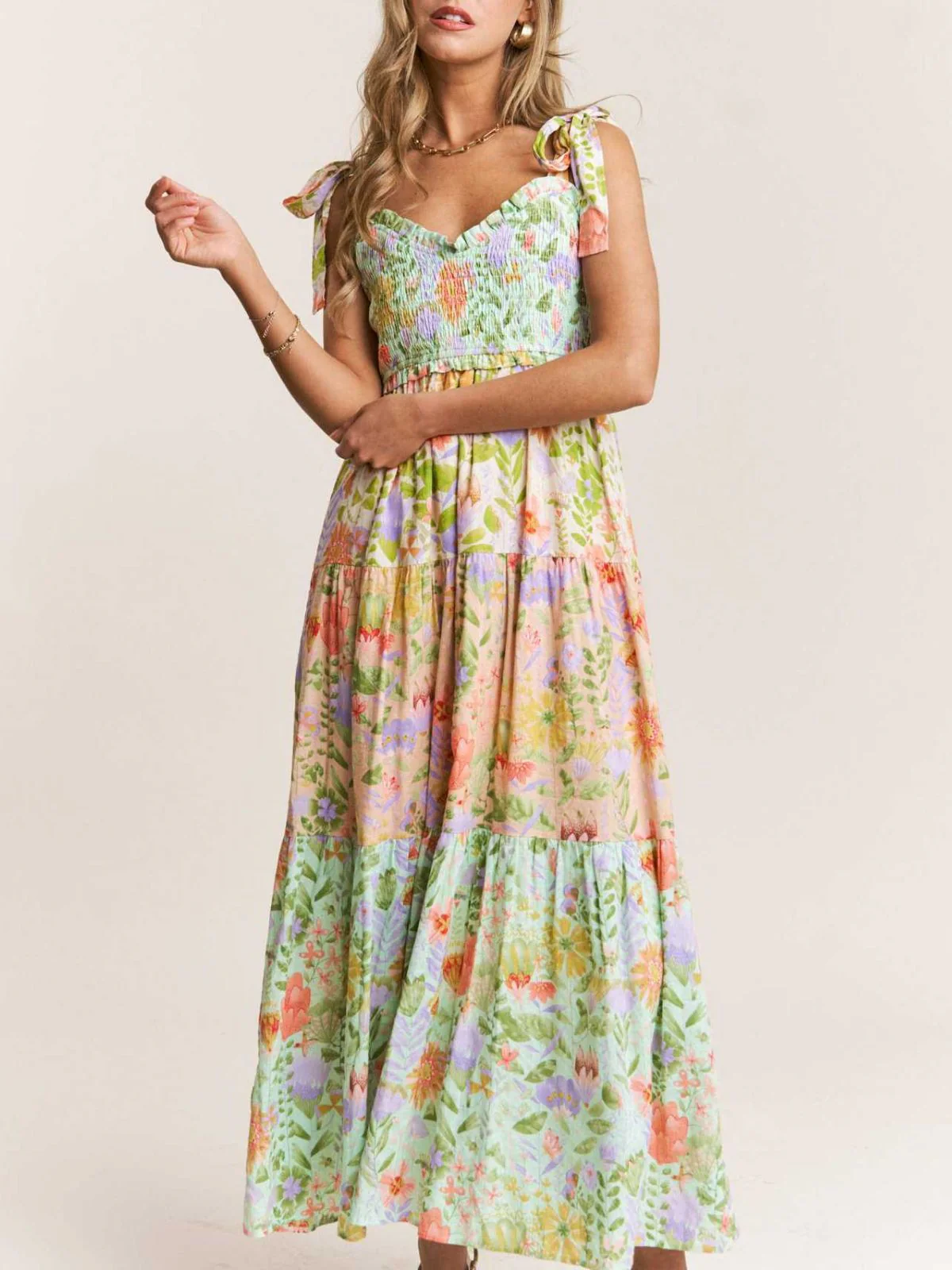 1930s Floral Smocked Tie-Strap Maxi Dress - Image 4
