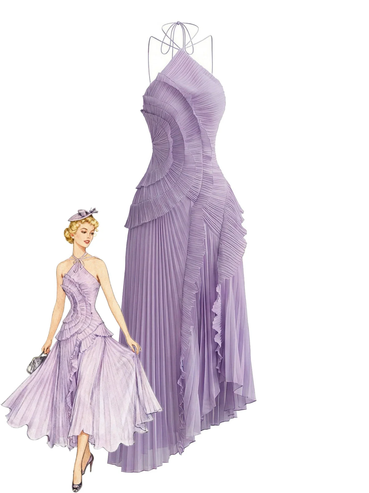 1930s Halter Ruffle Pleated Slit Maxi Dress
