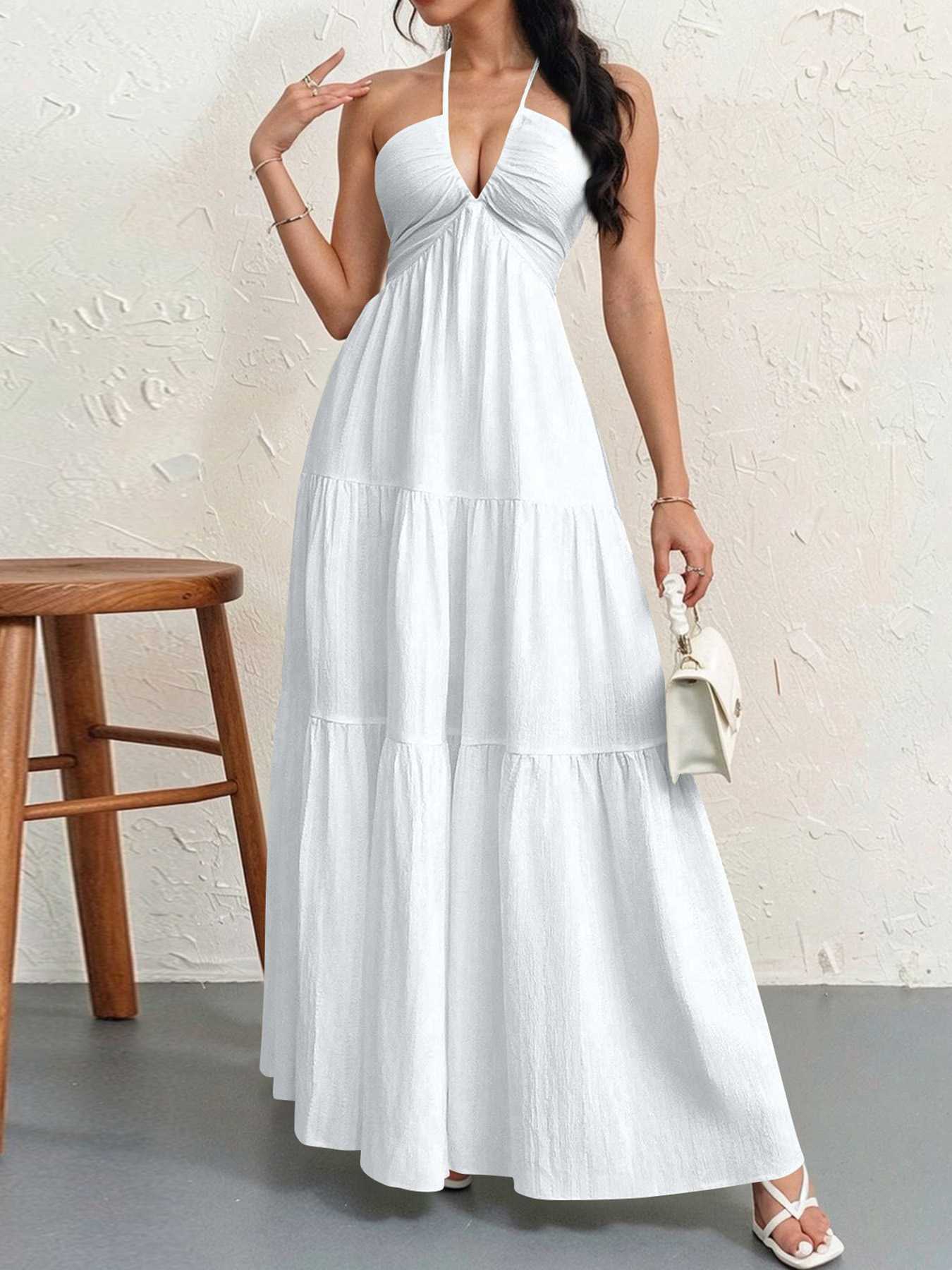 1930s Halter V-Neck Backless Solid Maxi Dress - Image 11