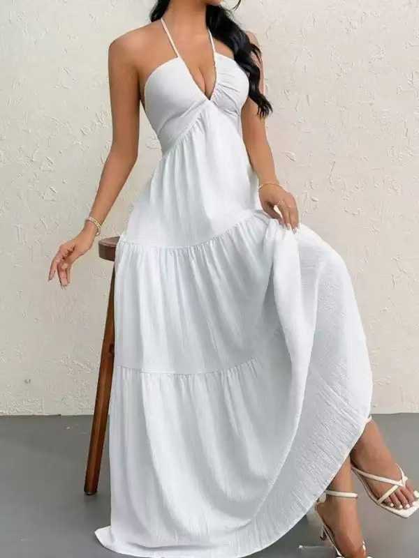 1930s Halter V-Neck Backless Solid Maxi Dress - Image 12