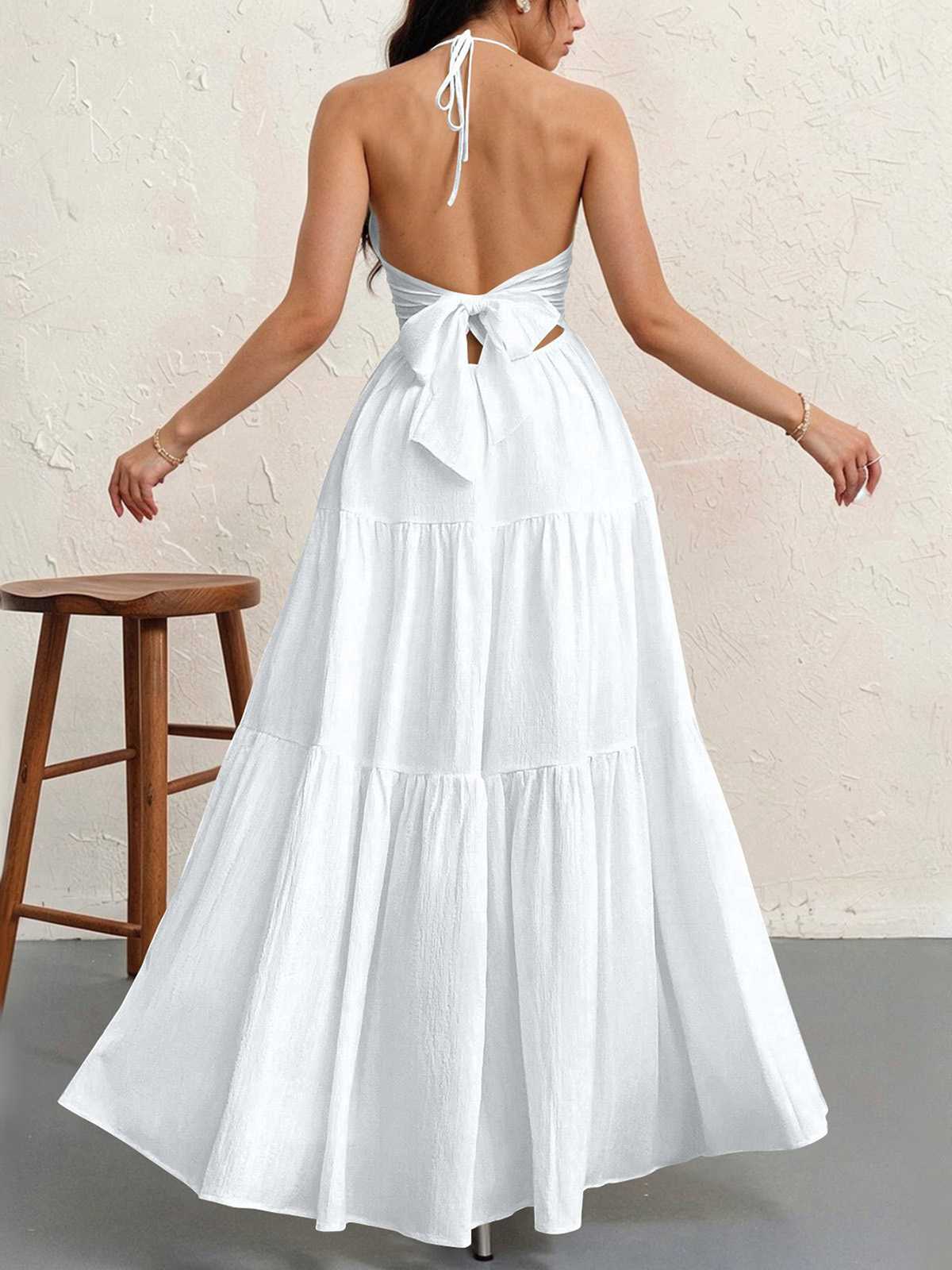 1930s Halter V-Neck Backless Solid Maxi Dress - Image 13