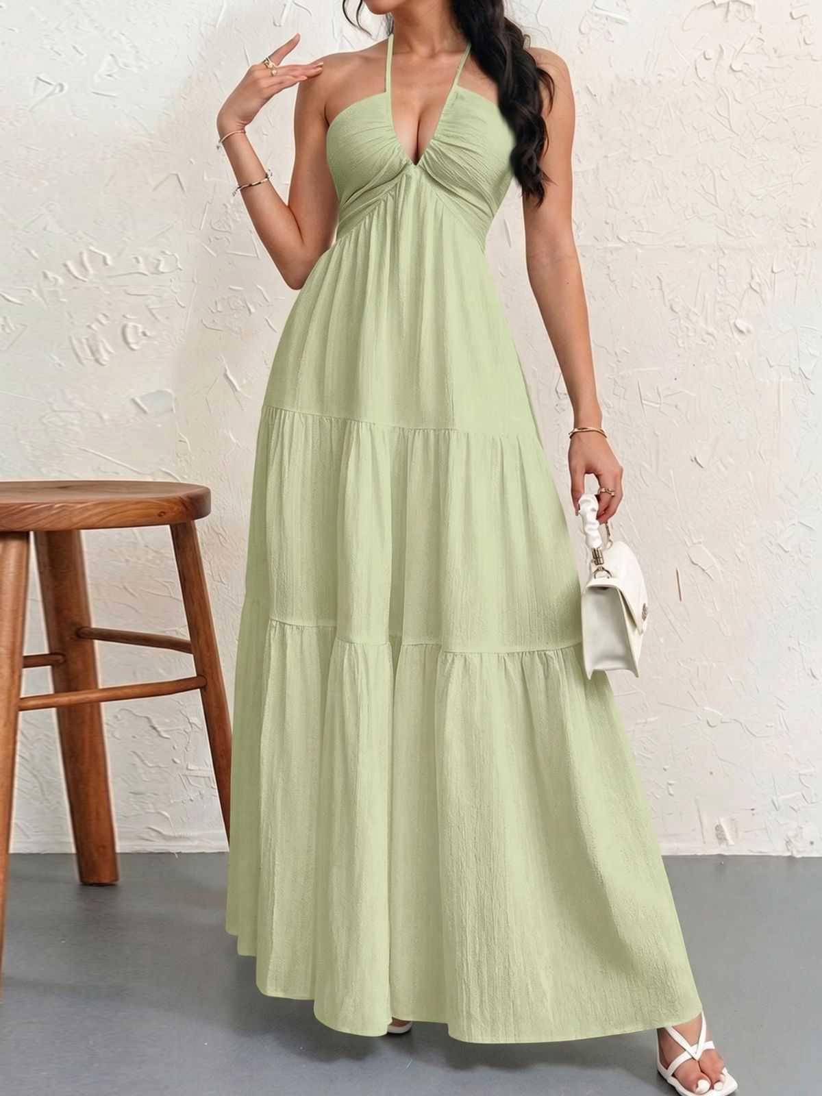 1930s Halter V-Neck Backless Solid Maxi Dress - Image 2