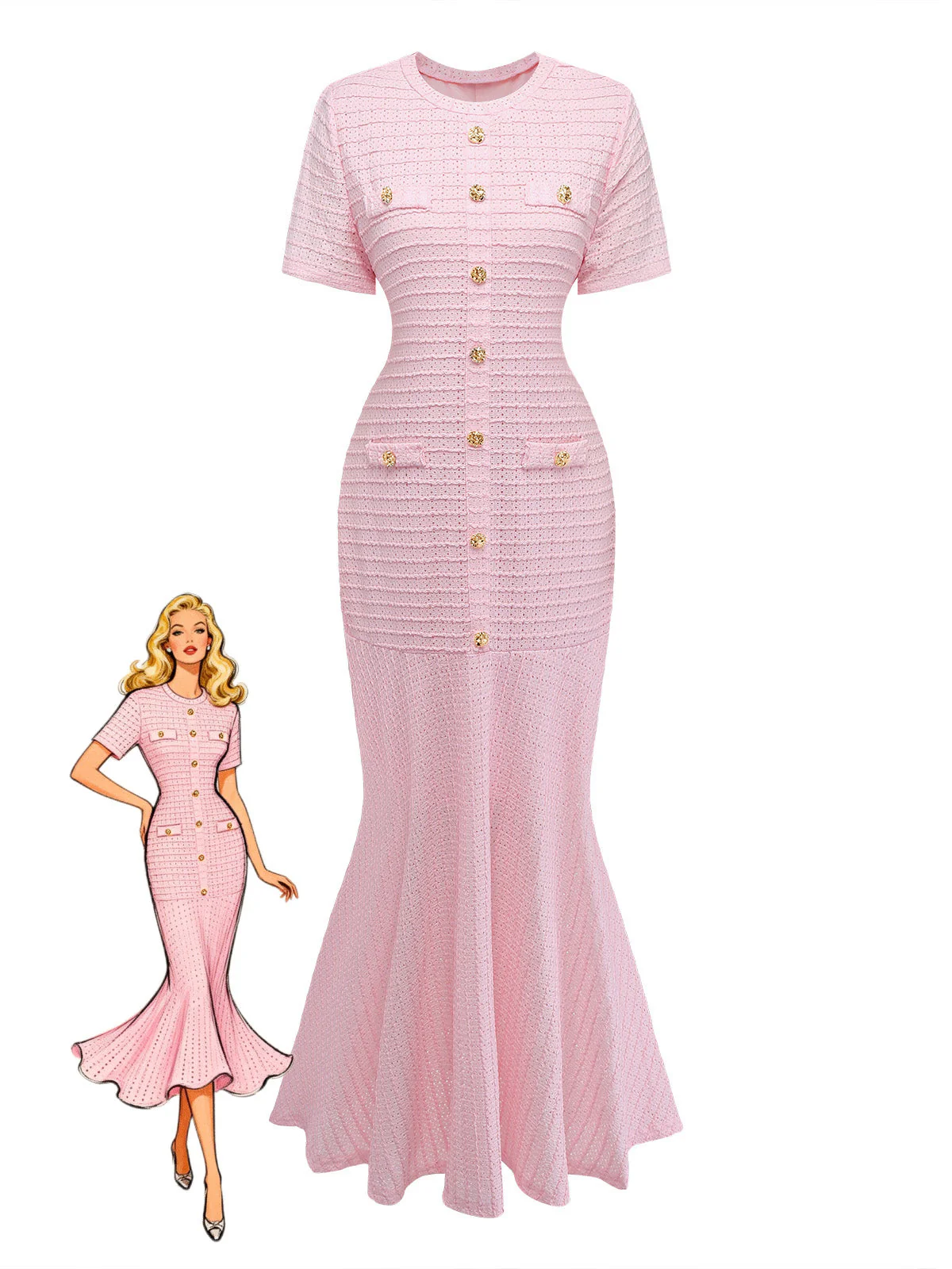 1930s Hollow Out Plaid Mermaid Dress