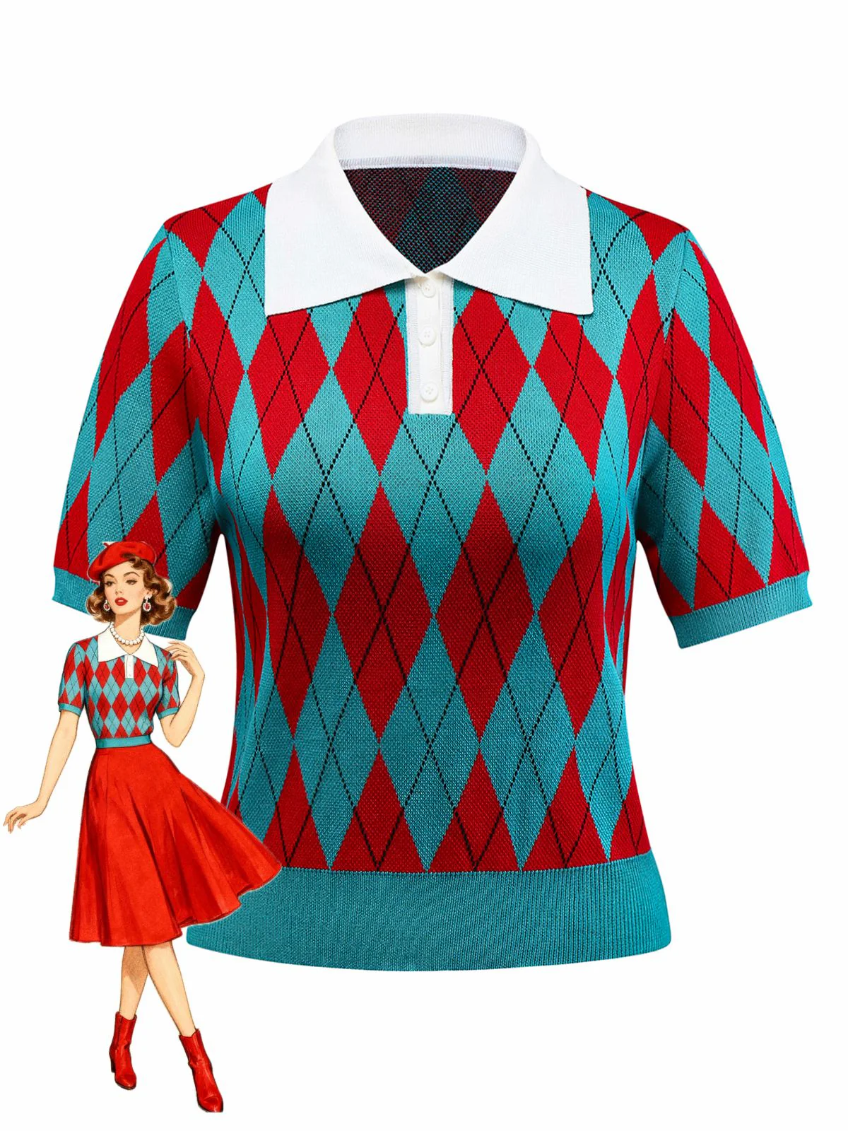 1930s Lapel Collar Color Block Diamond Grid Sweater