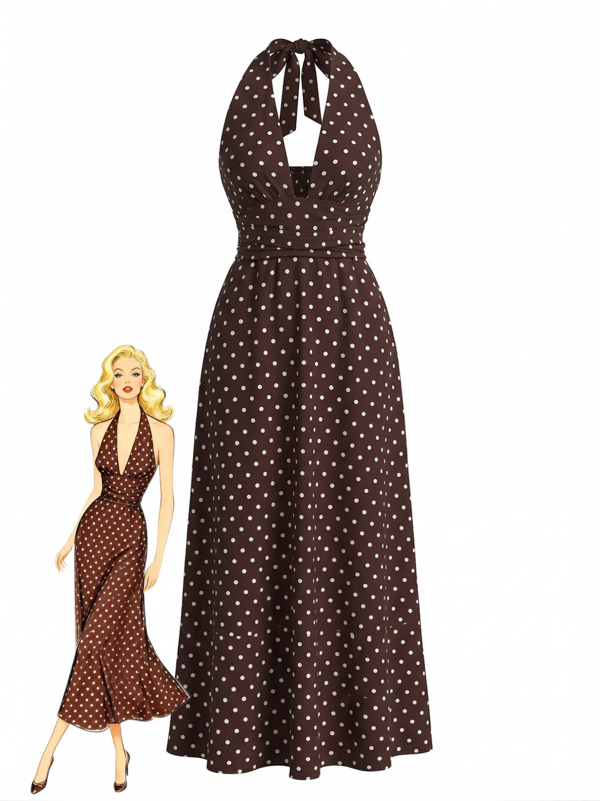 1930s Polka Dot Halter Deep V-Neck Maxi Dress