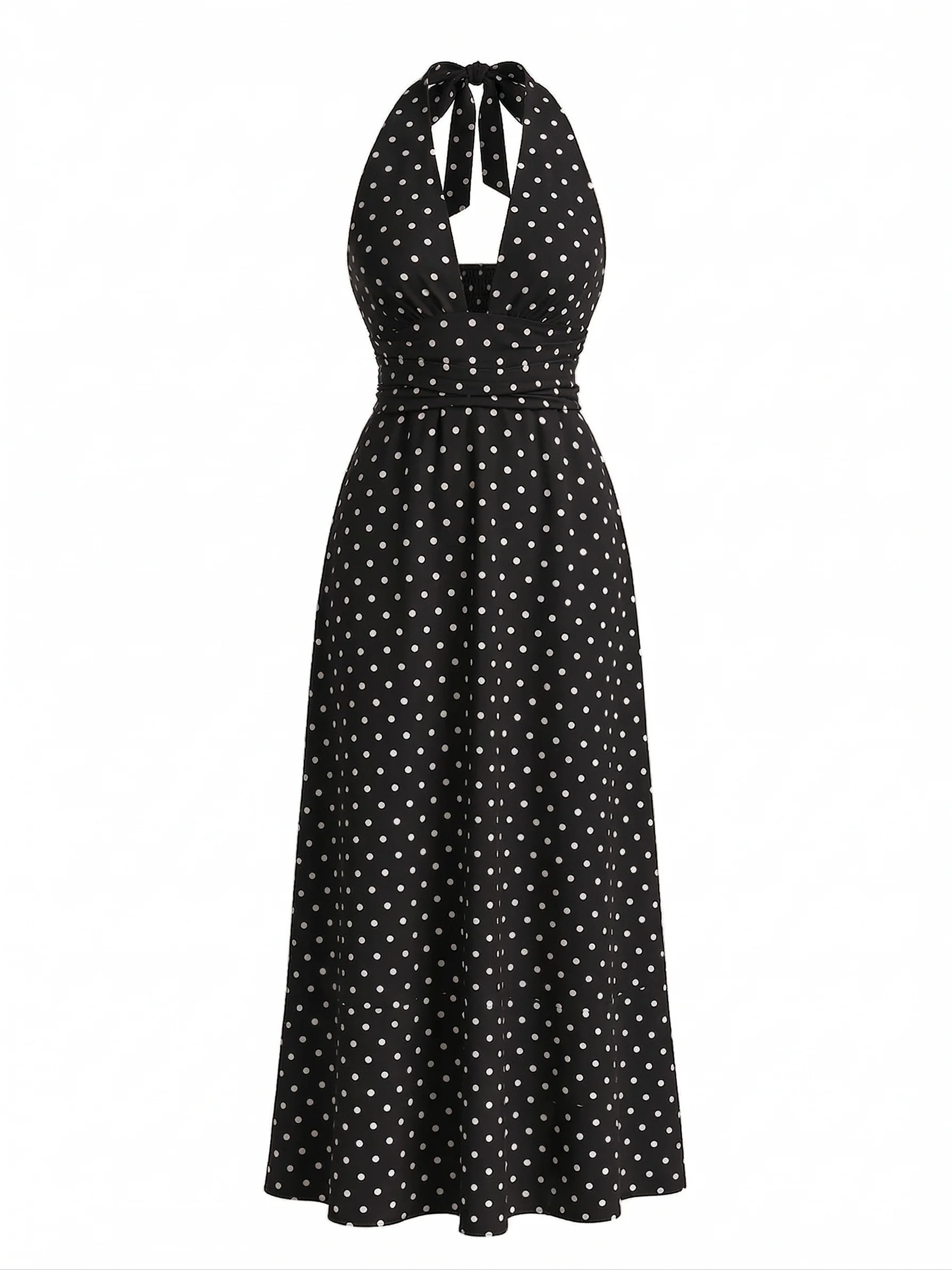 1930s Polka Dot Halter Deep V-Neck Maxi Dress - Image 4