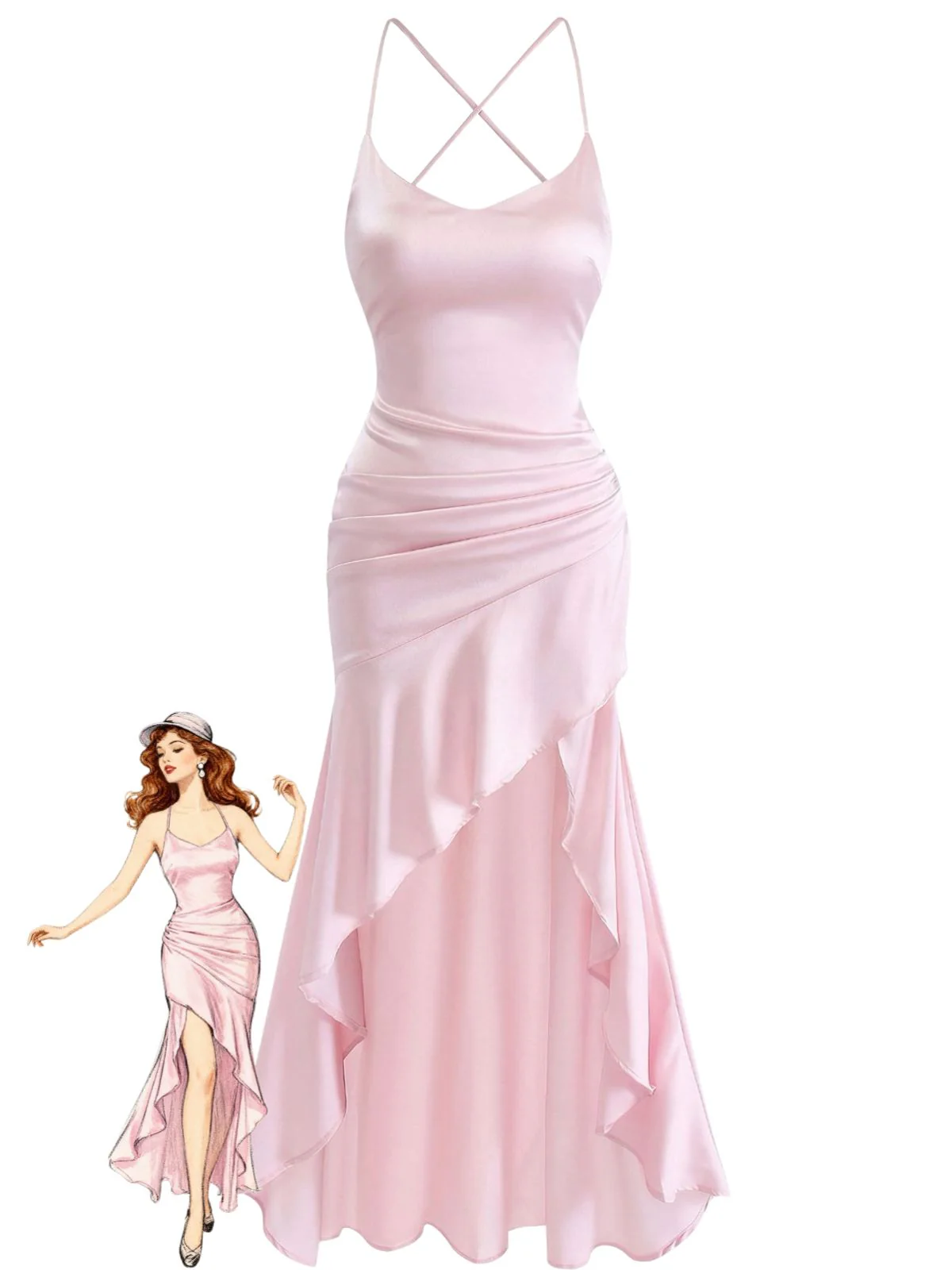 1930s Satin Spaghetti Strap Ruffle Hem Backless Maxi Dress