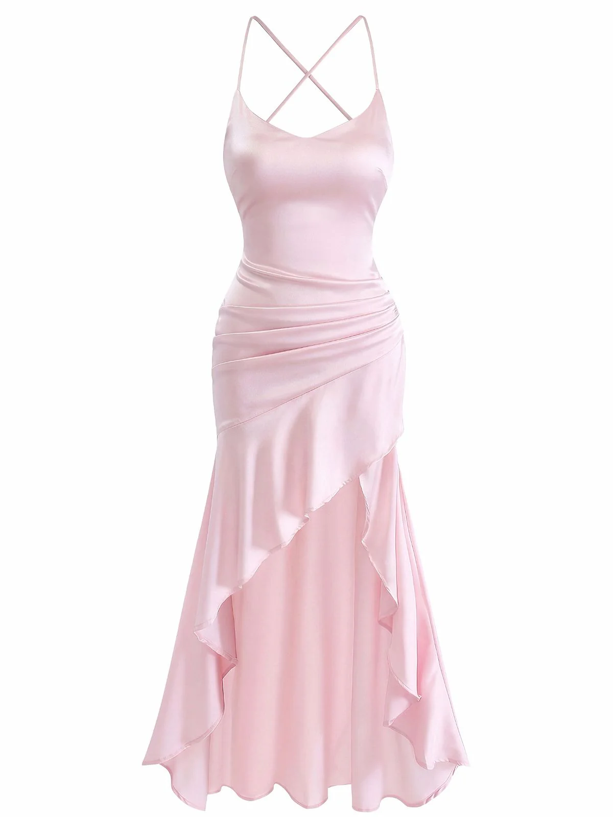 1930s Satin Spaghetti Strap Ruffle Hem Backless Maxi Dress - Image 2