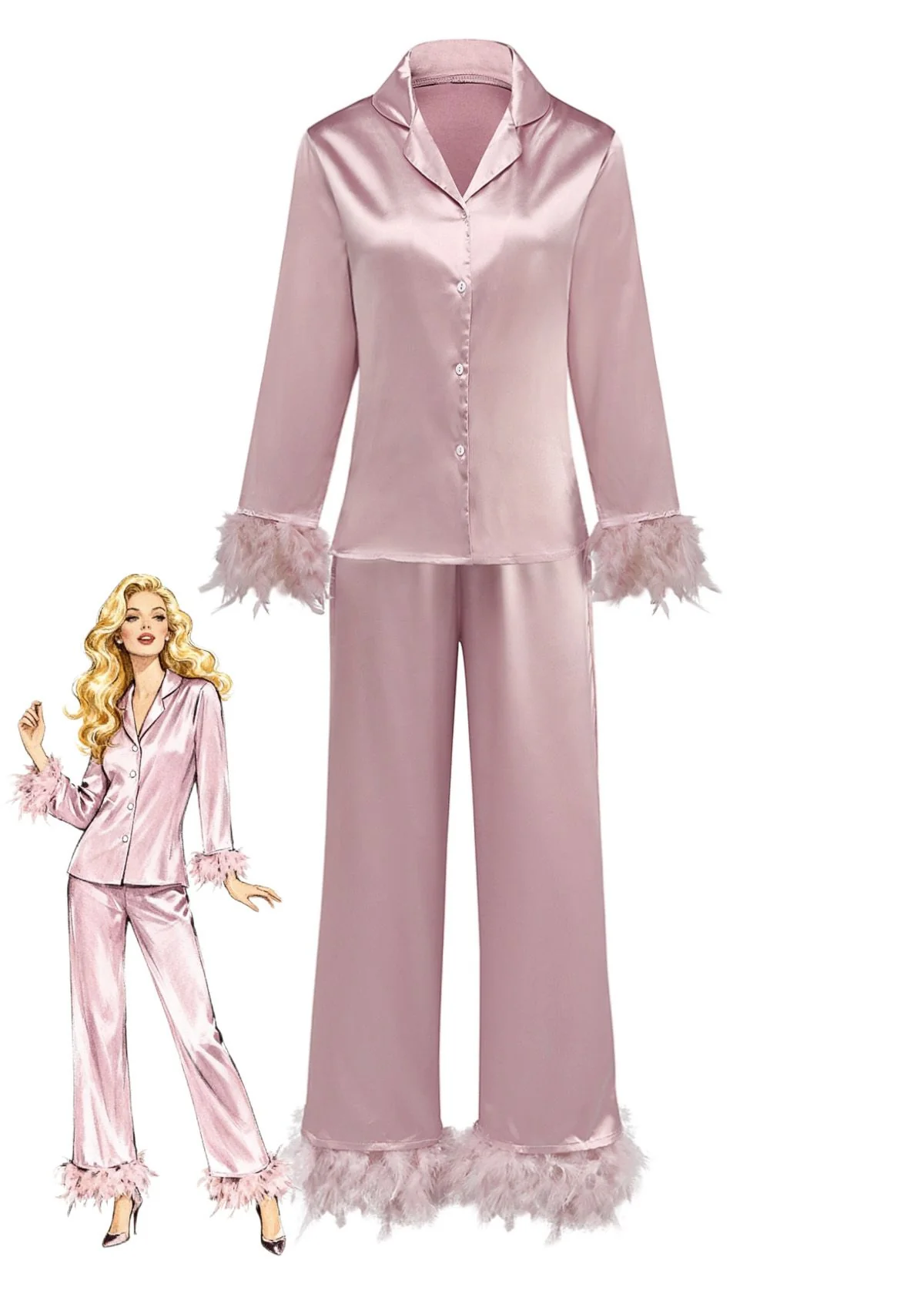 1930s Solid Feather Trim Satin Pajama Set