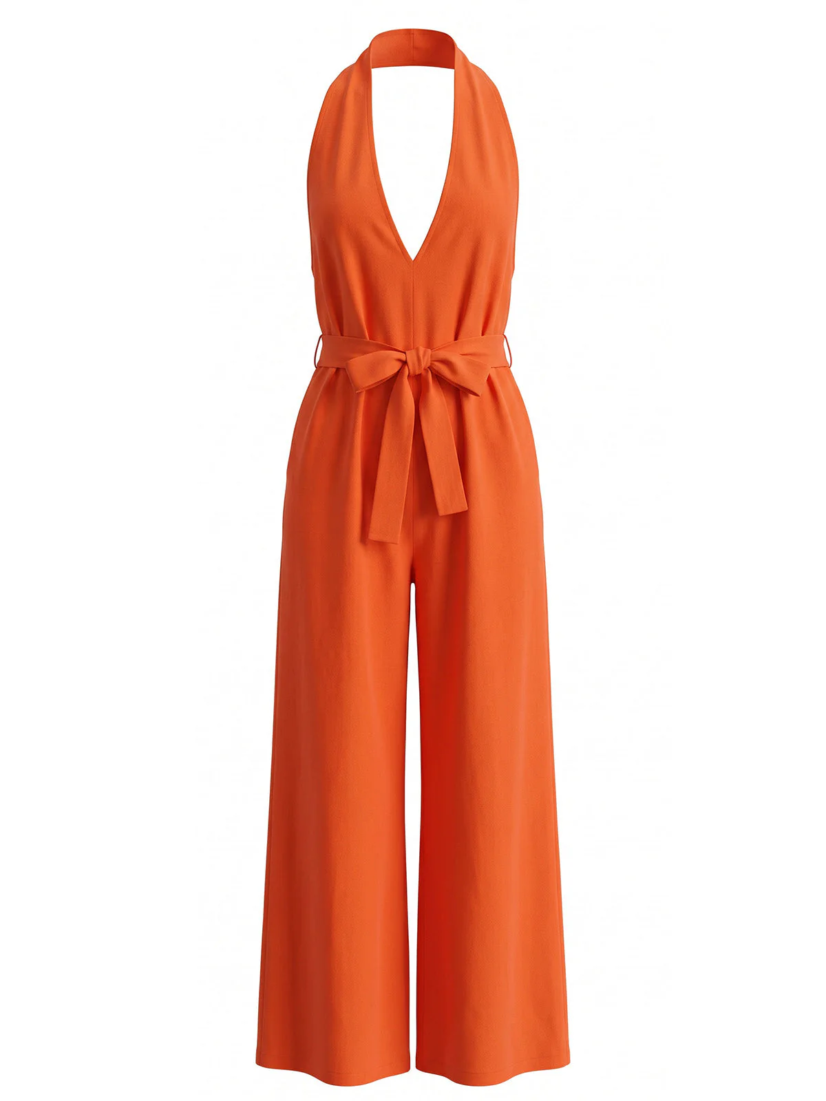 1930s Solid Halter Deep V-Neck Belted Wide Leg Jumpsuit - Image 2