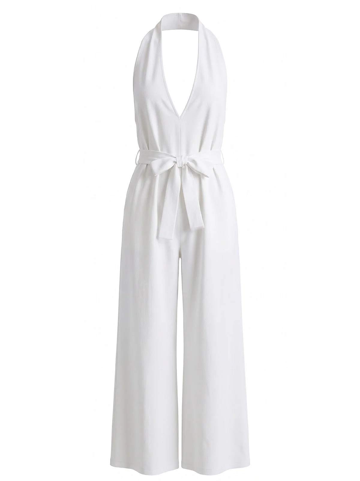 1930s Solid Halter Deep V-Neck Belted Wide Leg Jumpsuit - Image 6