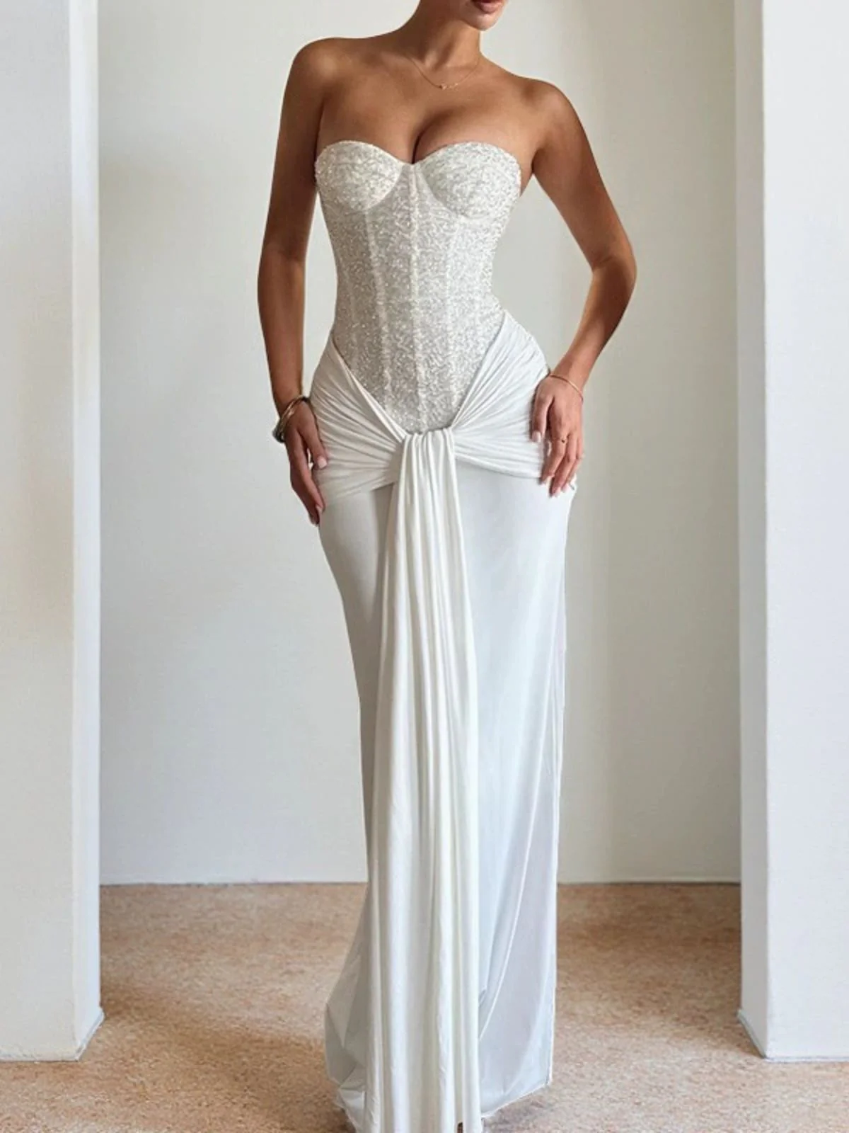 1930s Solid Lace-Up Strapless Maxi Dress - Image 14