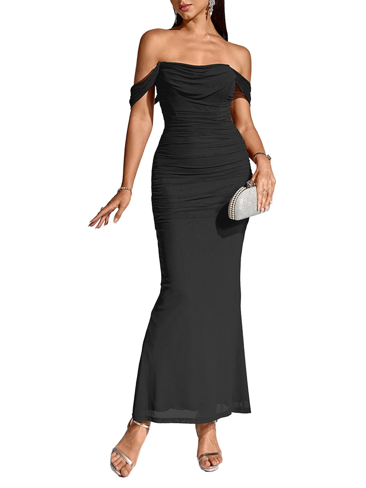 1930s Solid Off-Shoulder Bodycon Maxi Dress - Image 12