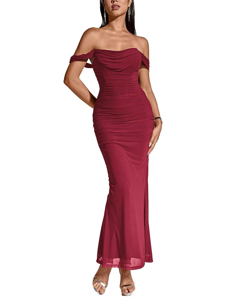 1930s Solid Off-Shoulder Bodycon Maxi Dress - Image 5