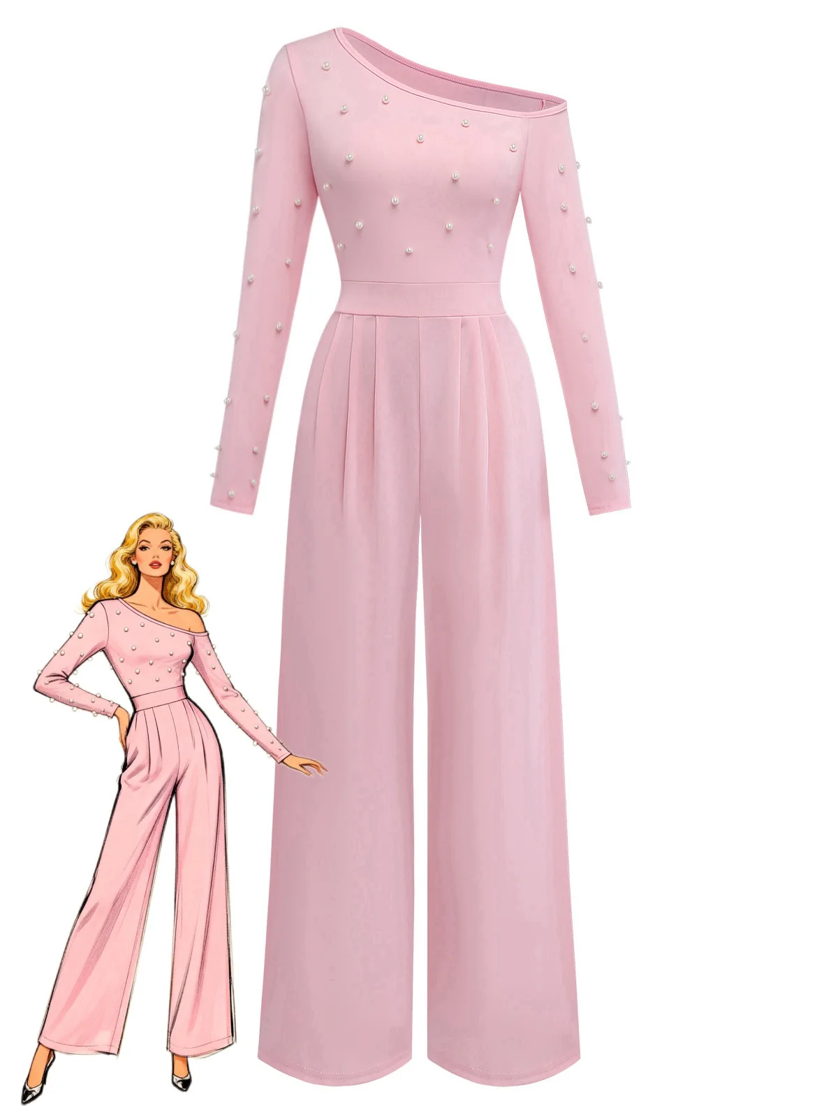 1930s Solid One-Shoulder Pearl Detail Long Sleeve Jumpsuit
