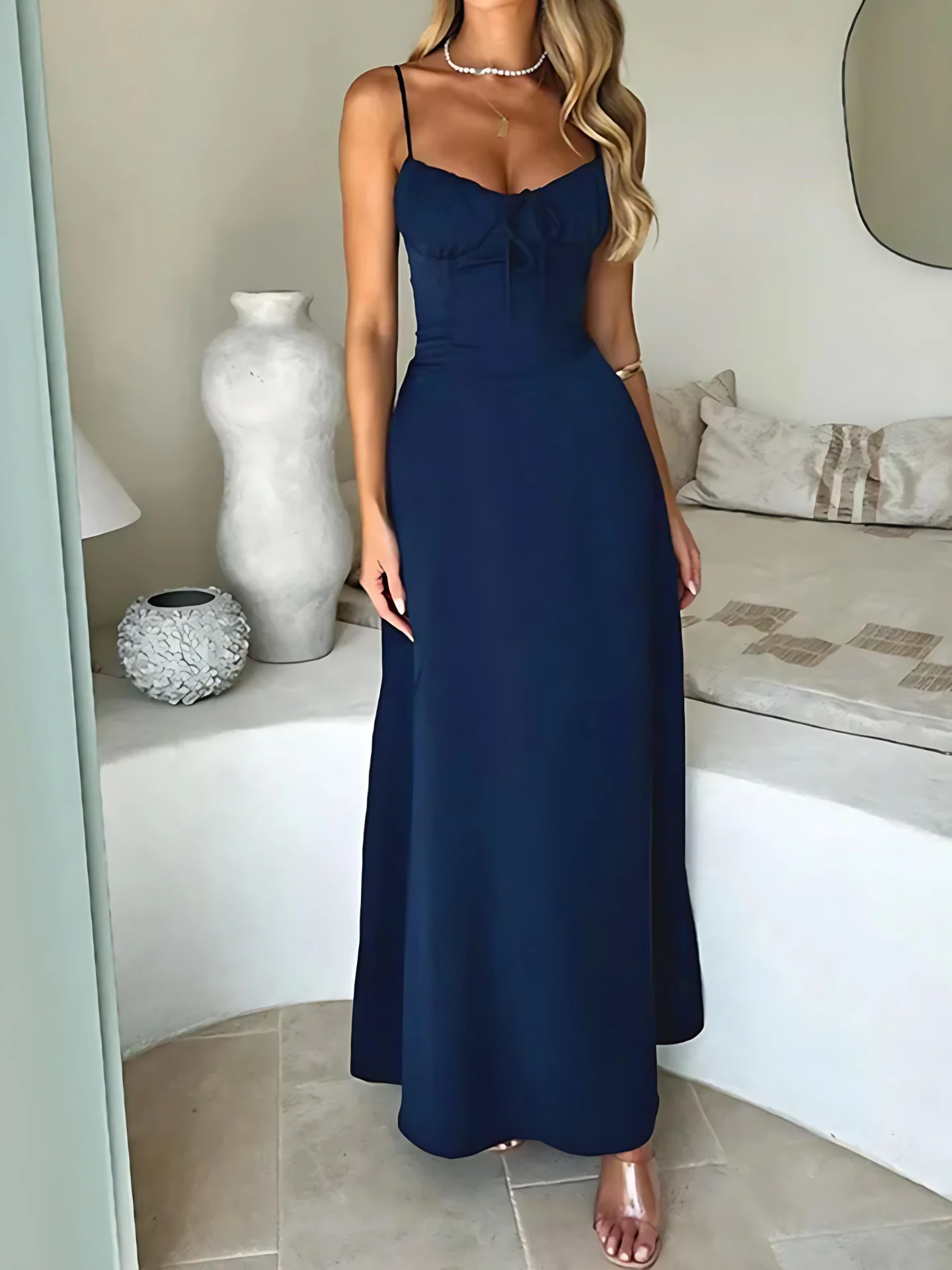 1930s Solid Spaghetti Strap Lace-Up Maxi Dress