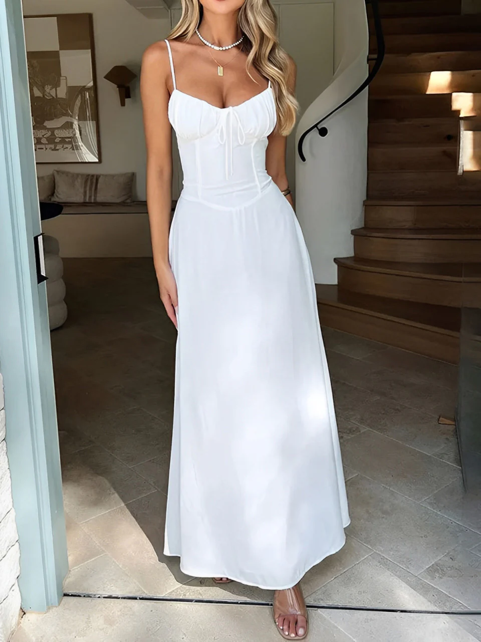 1930s Solid Spaghetti Strap Lace-Up Maxi Dress - Image 5