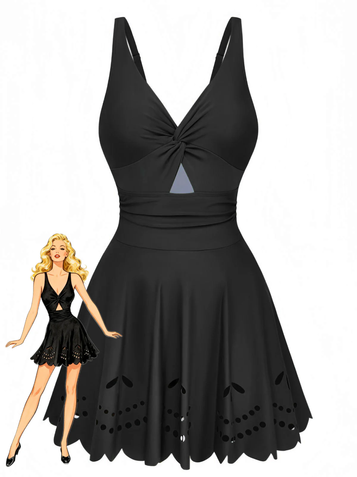 1930s Solid Twist Front Hollow One-Piece Swimdress