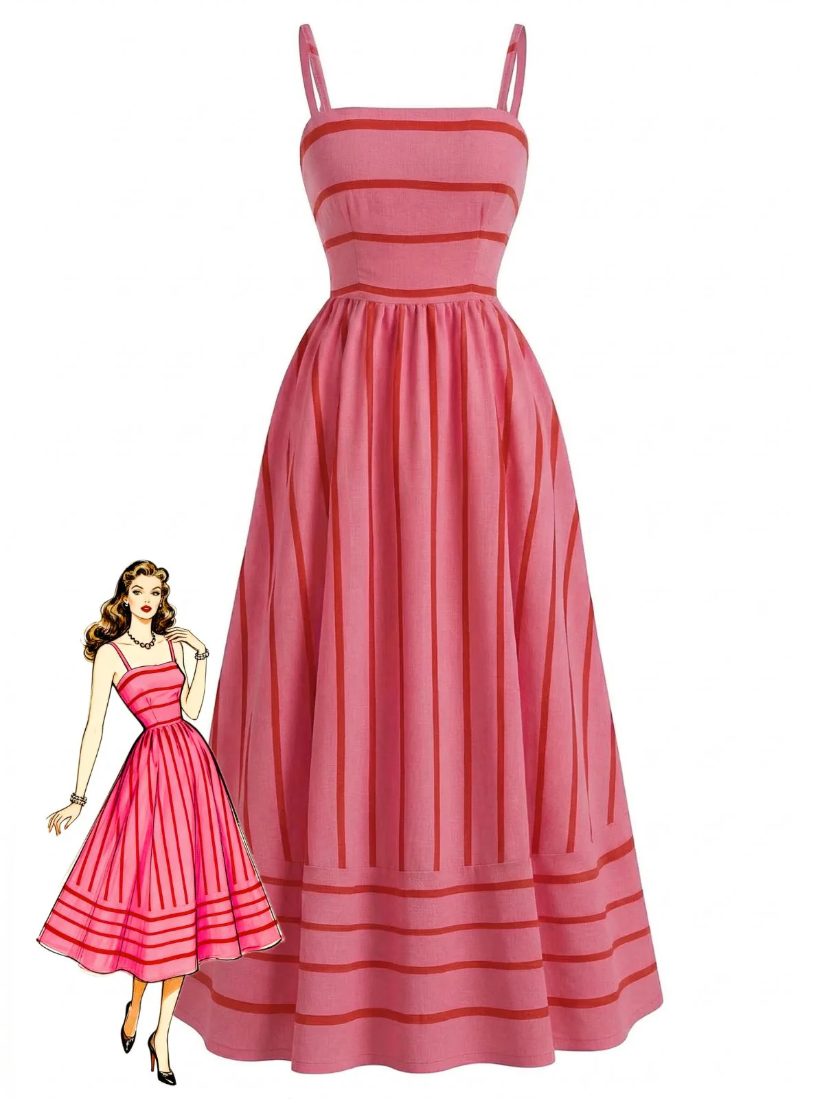 1930s Striped Spaghetti Strap Hollow Smocked Dress