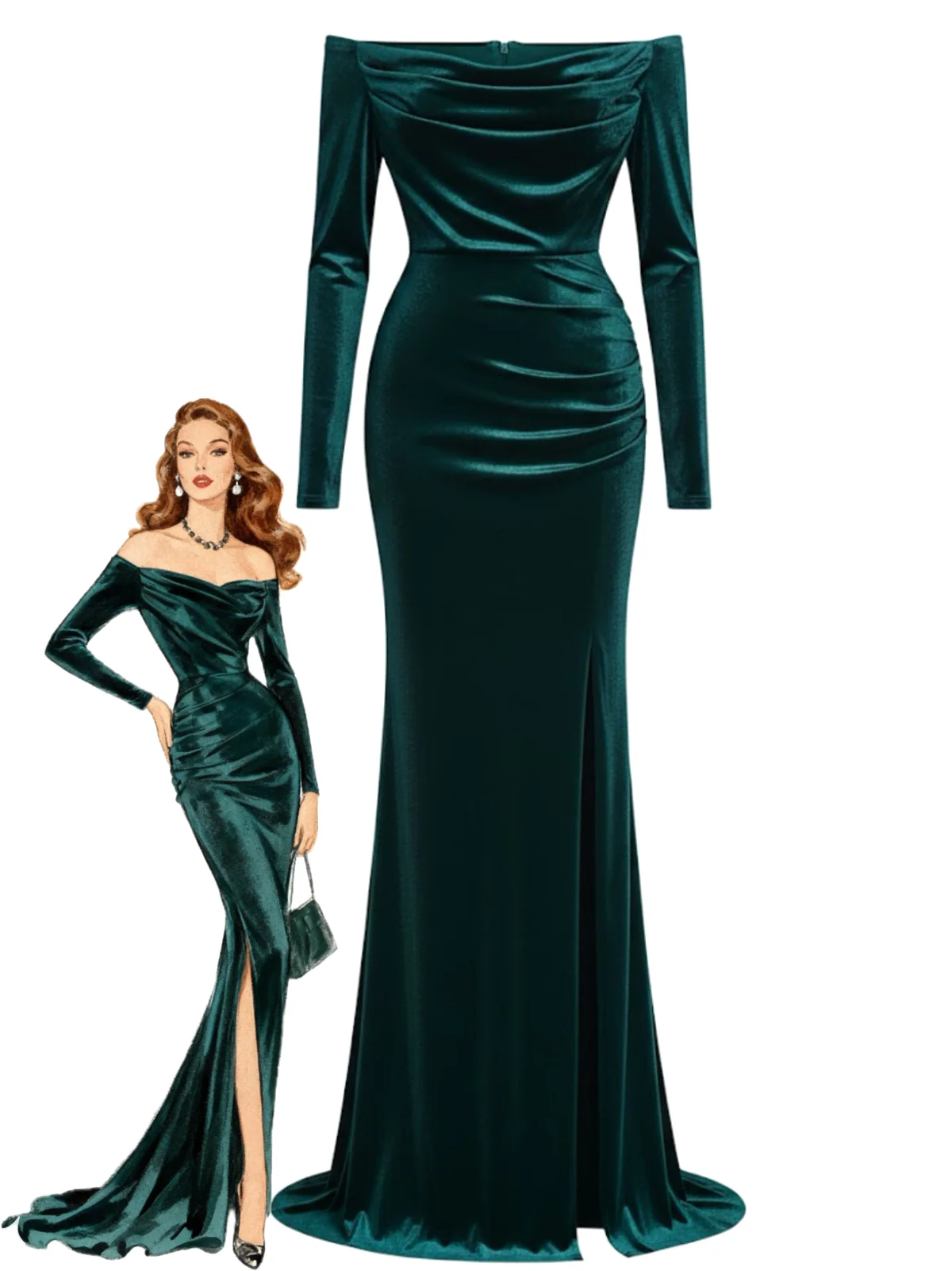1930s Velvet Off-Shoulder Ruched Side-Slit Dress