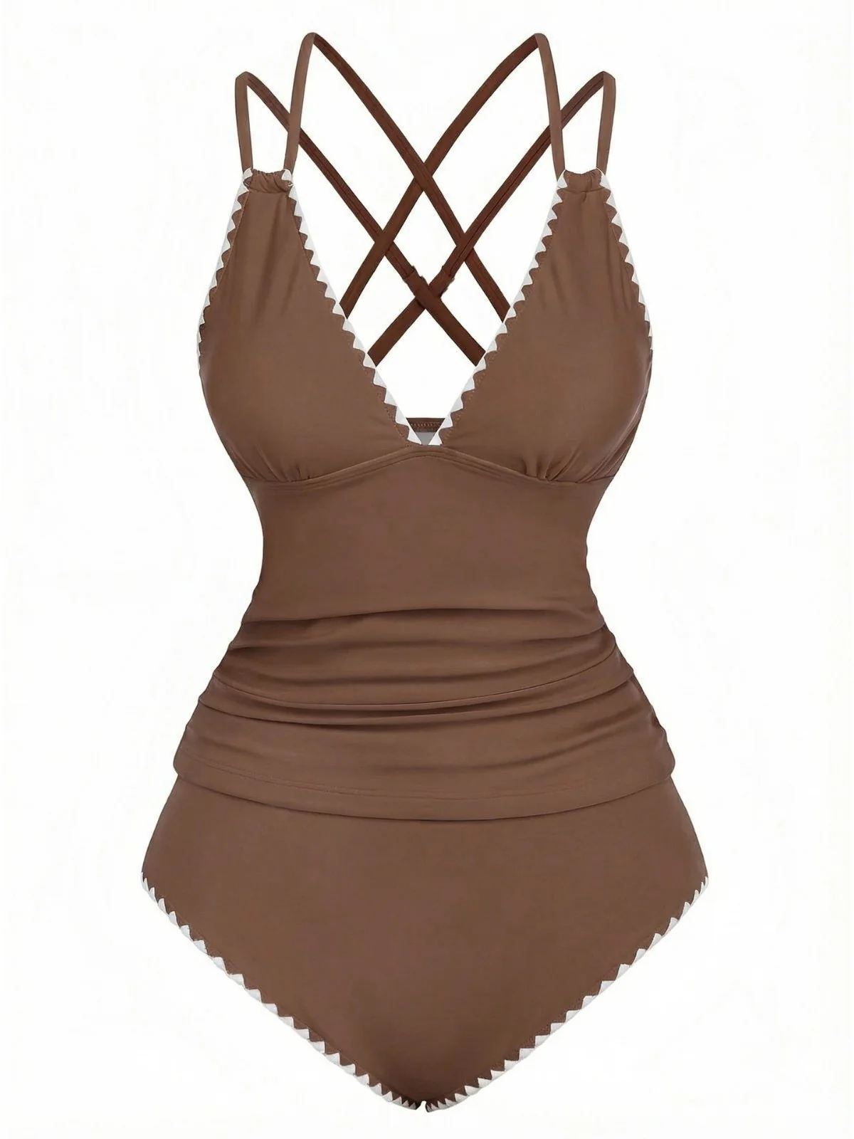 1940s Colorblock Deep V Crisscross Back Tankini Set - Image 12