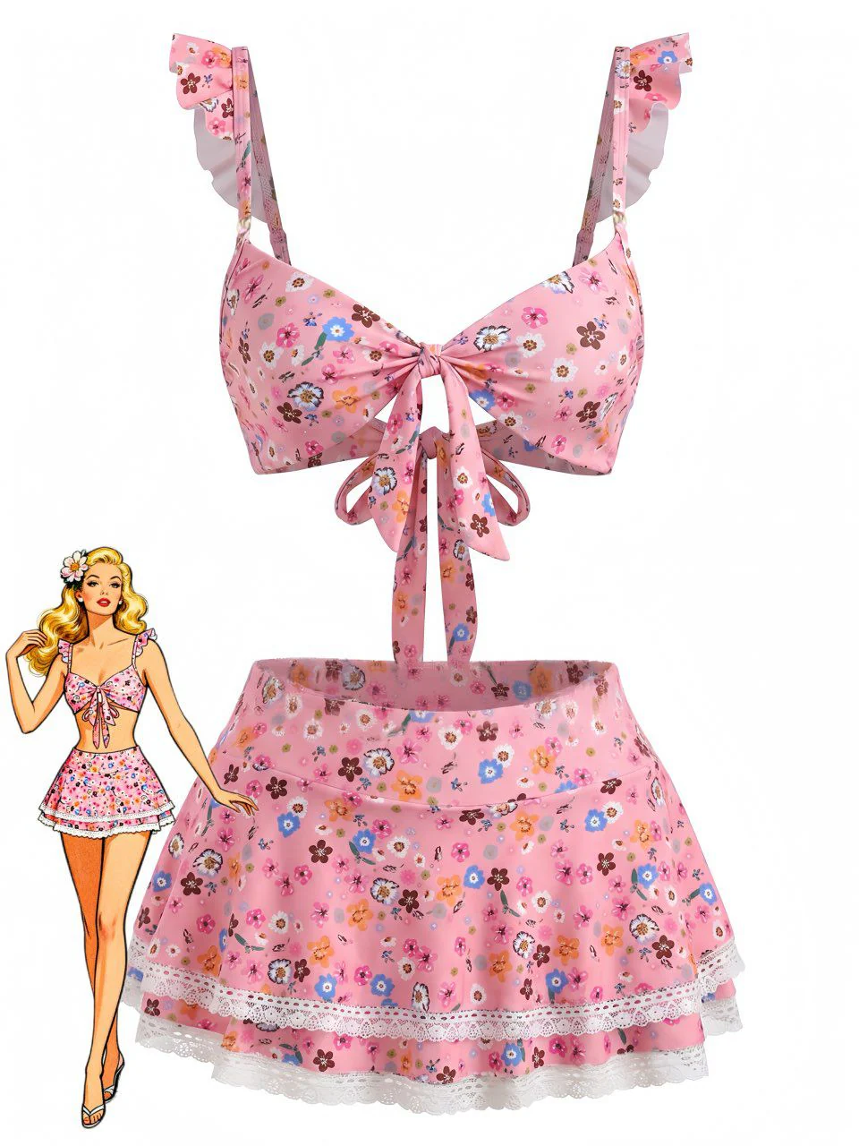 1940s Ditsy Floral Ruffle Strap Lace Trim Bikini Set