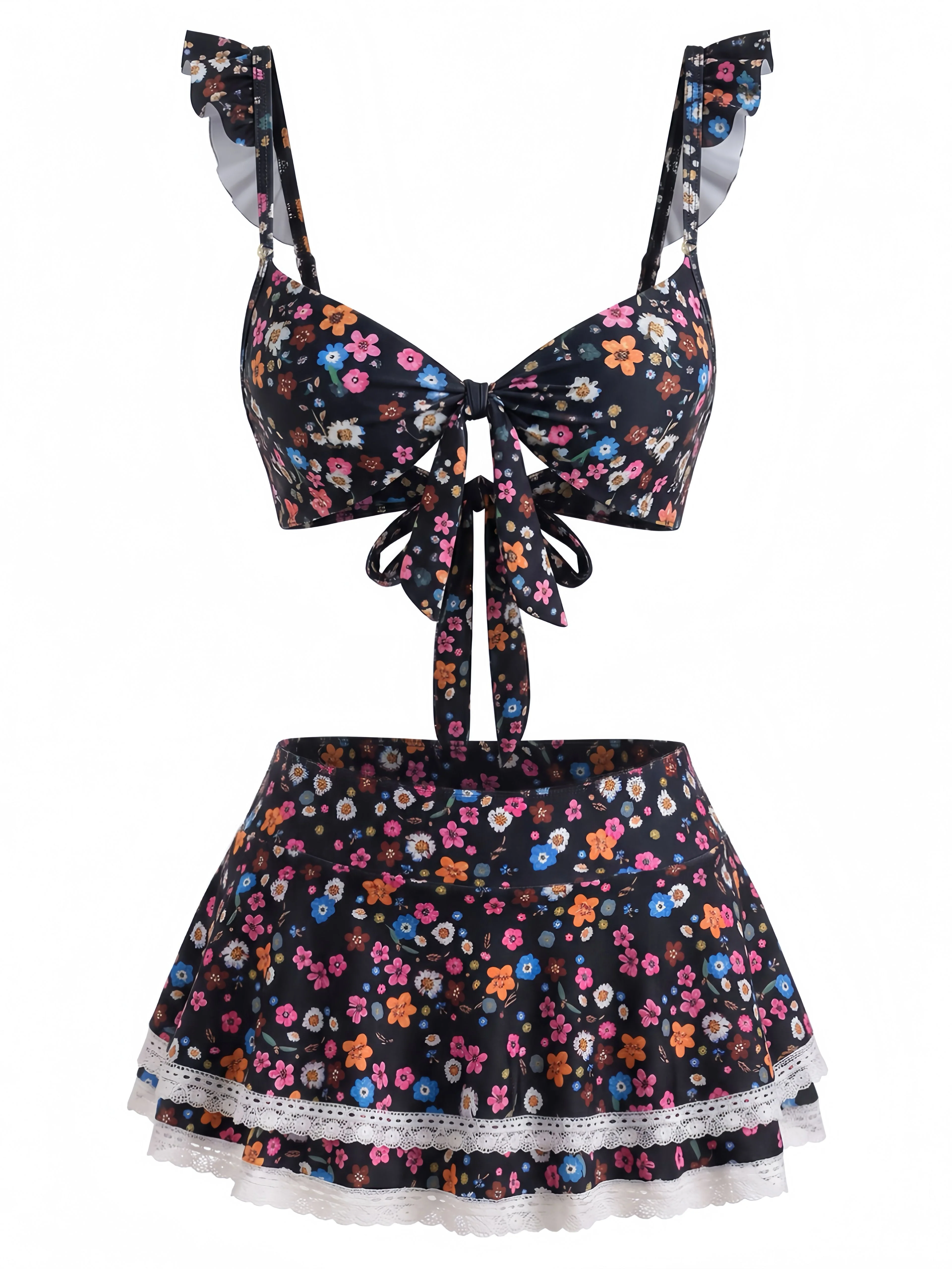 1940s Ditsy Floral Ruffle Strap Lace Trim Bikini Set - Image 11