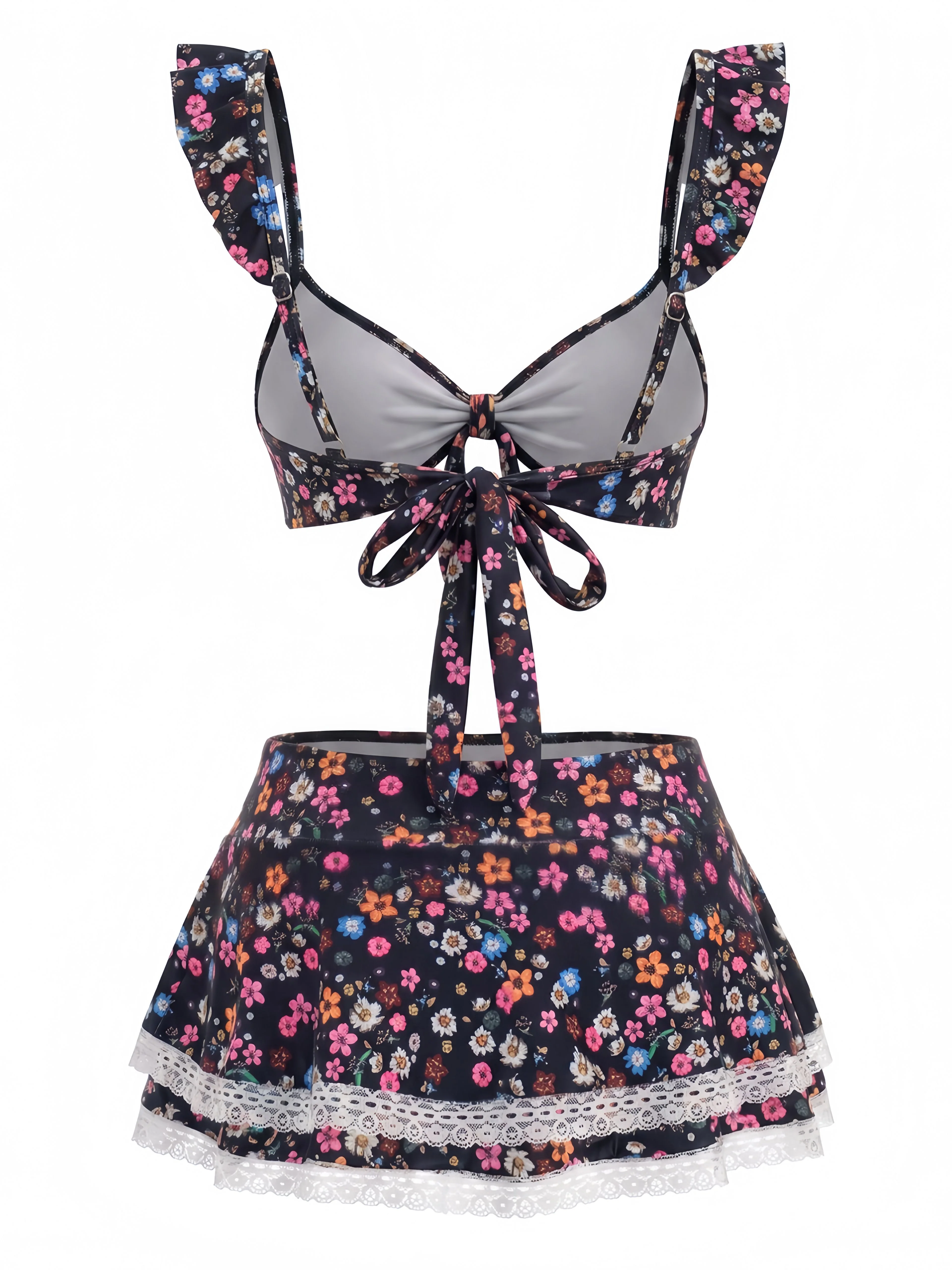 1940s Ditsy Floral Ruffle Strap Lace Trim Bikini Set - Image 14