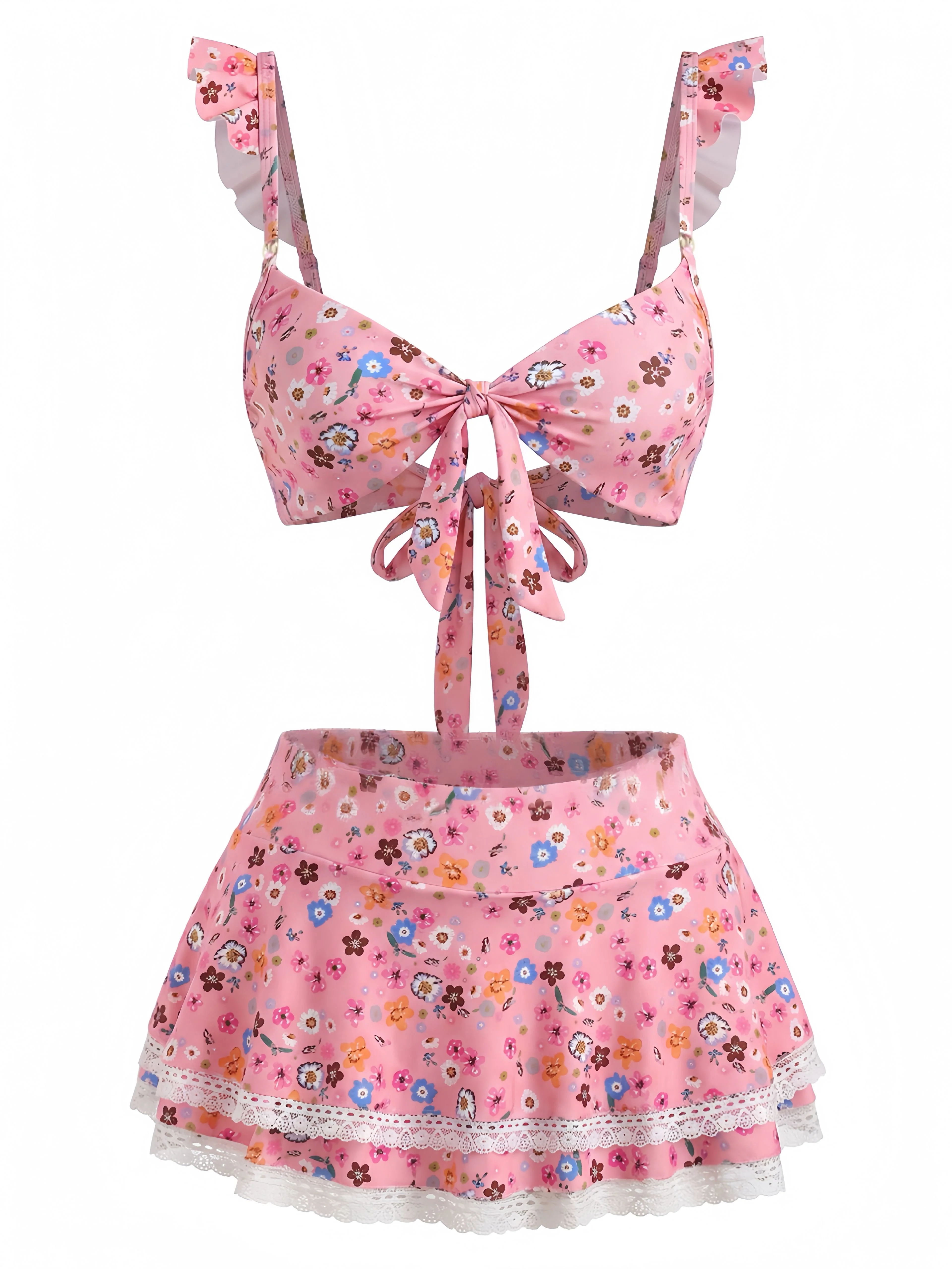 1940s Ditsy Floral Ruffle Strap Lace Trim Bikini Set - Image 2